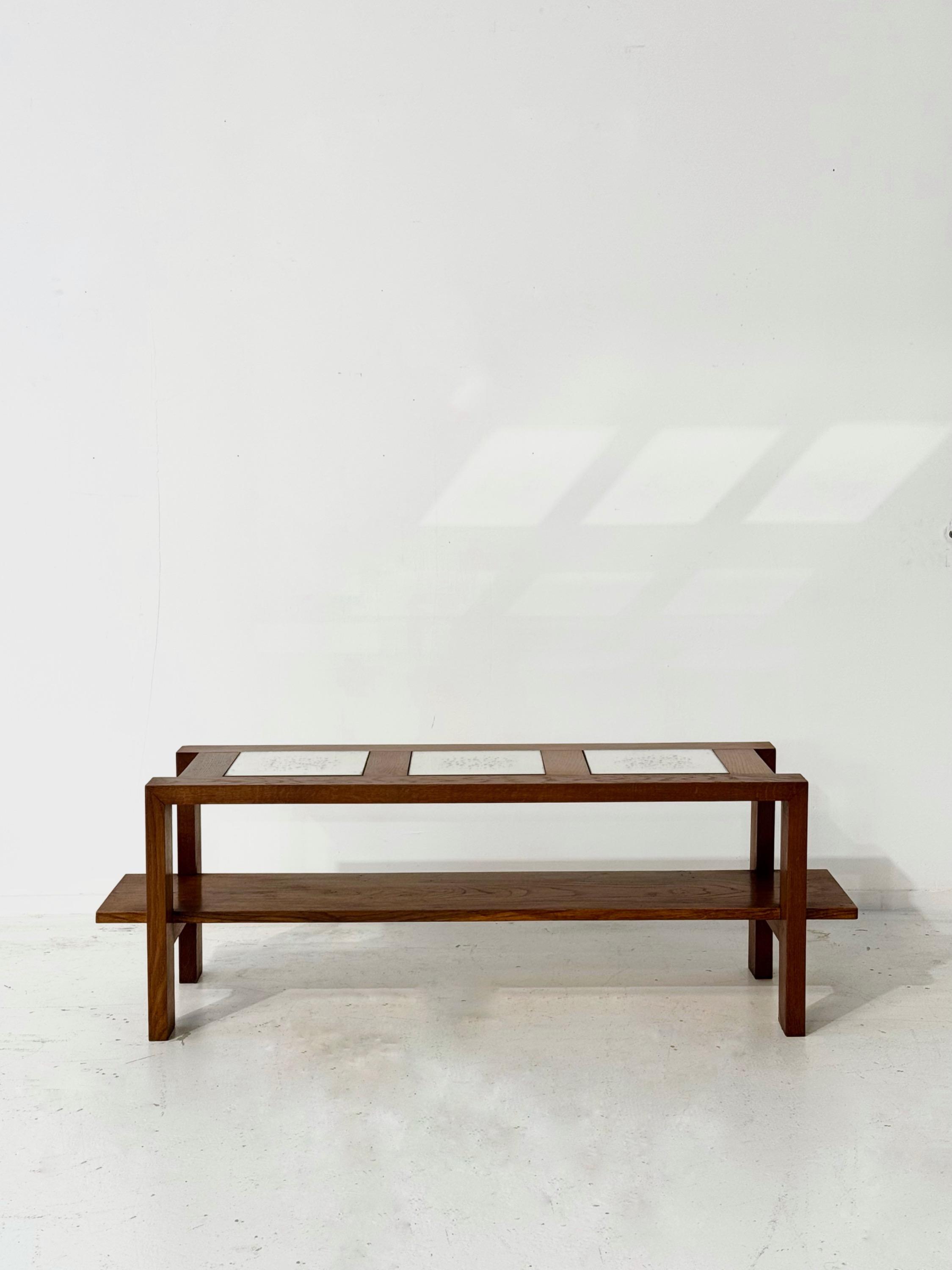 1930’s French Modernist Low Table in Oak & Mirrors. Dim = 120 x 36 x 40 cm