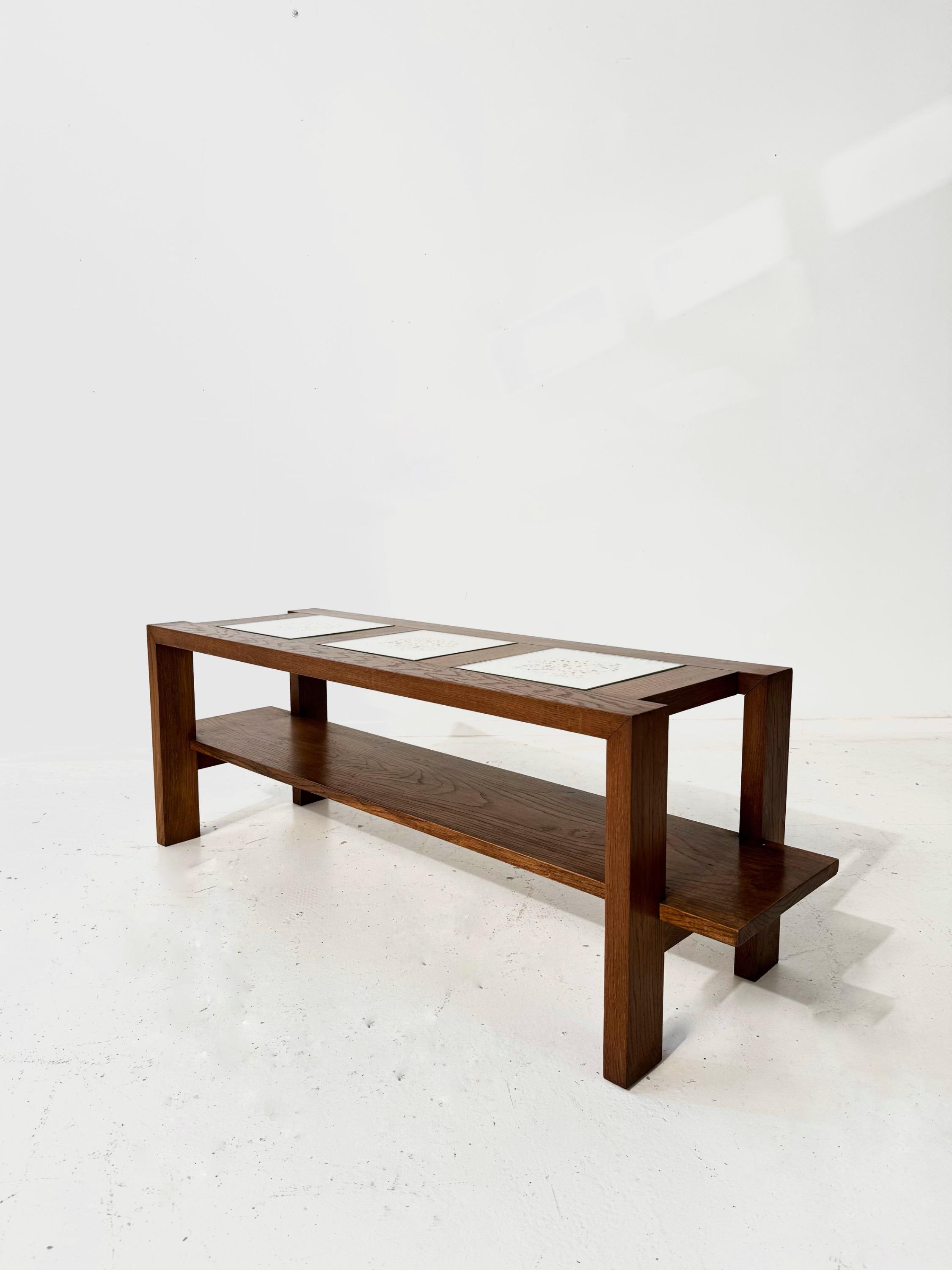 1930’s French Modernist Low Table in Oak & Mirrors. Dim = 120 x 36 x 40 cm