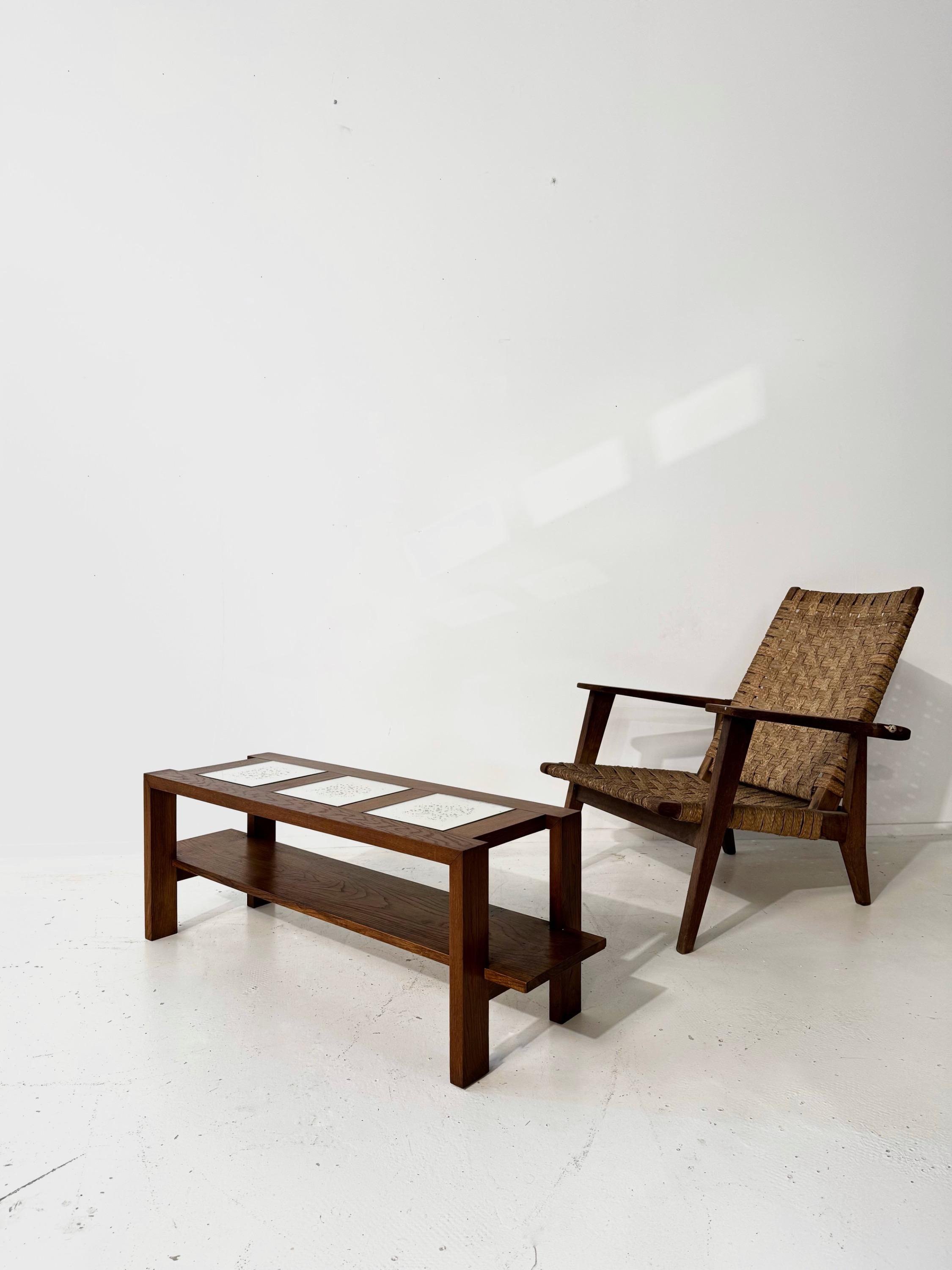 1930’s French Modernist Low Table in Oak & Mirrors. Dim = 120 x 36 x 40 cm