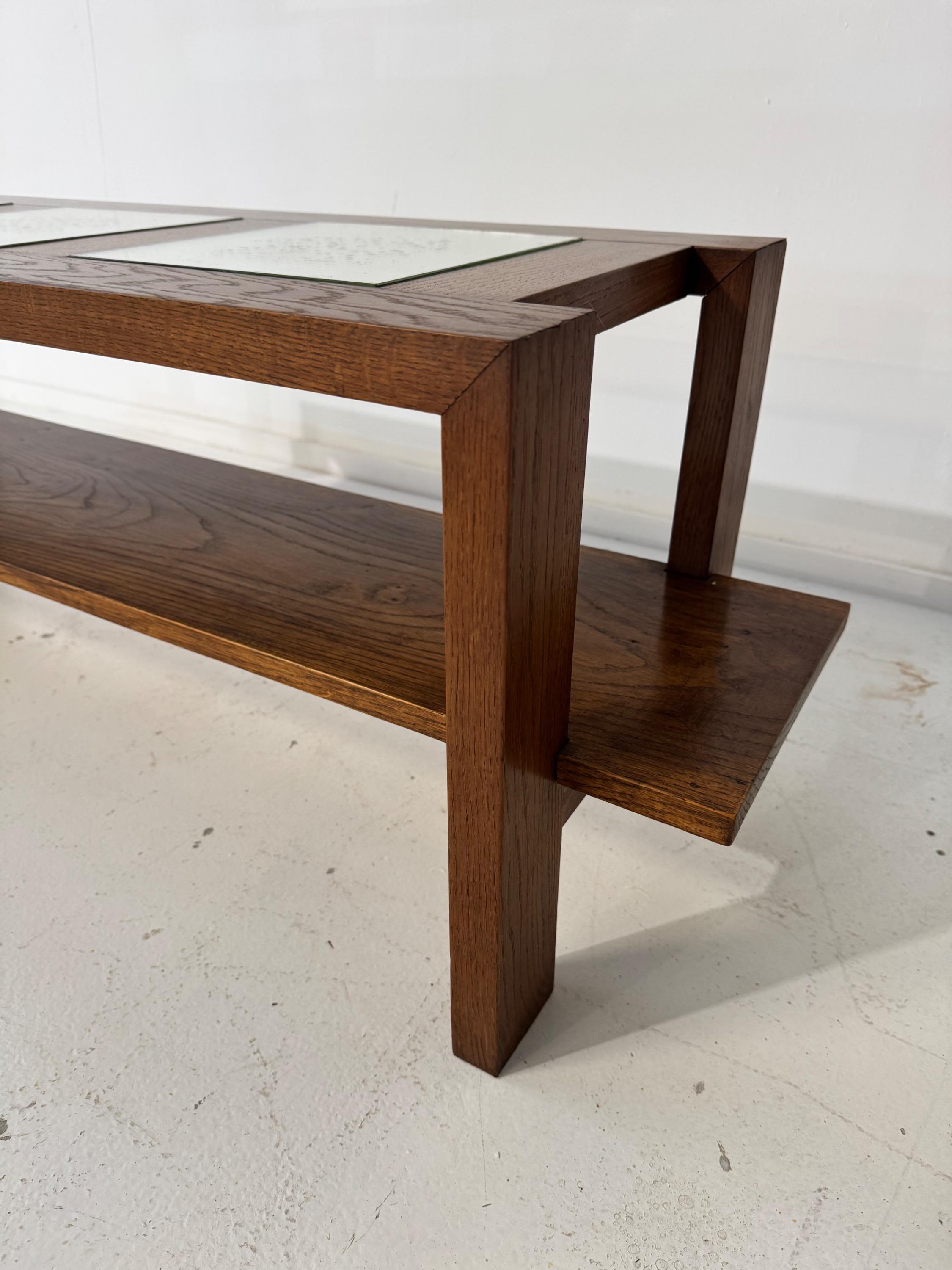 1930’s French Modernist Low Table in Oak & Mirrors. Dim = 120 x 36 x 40 cm