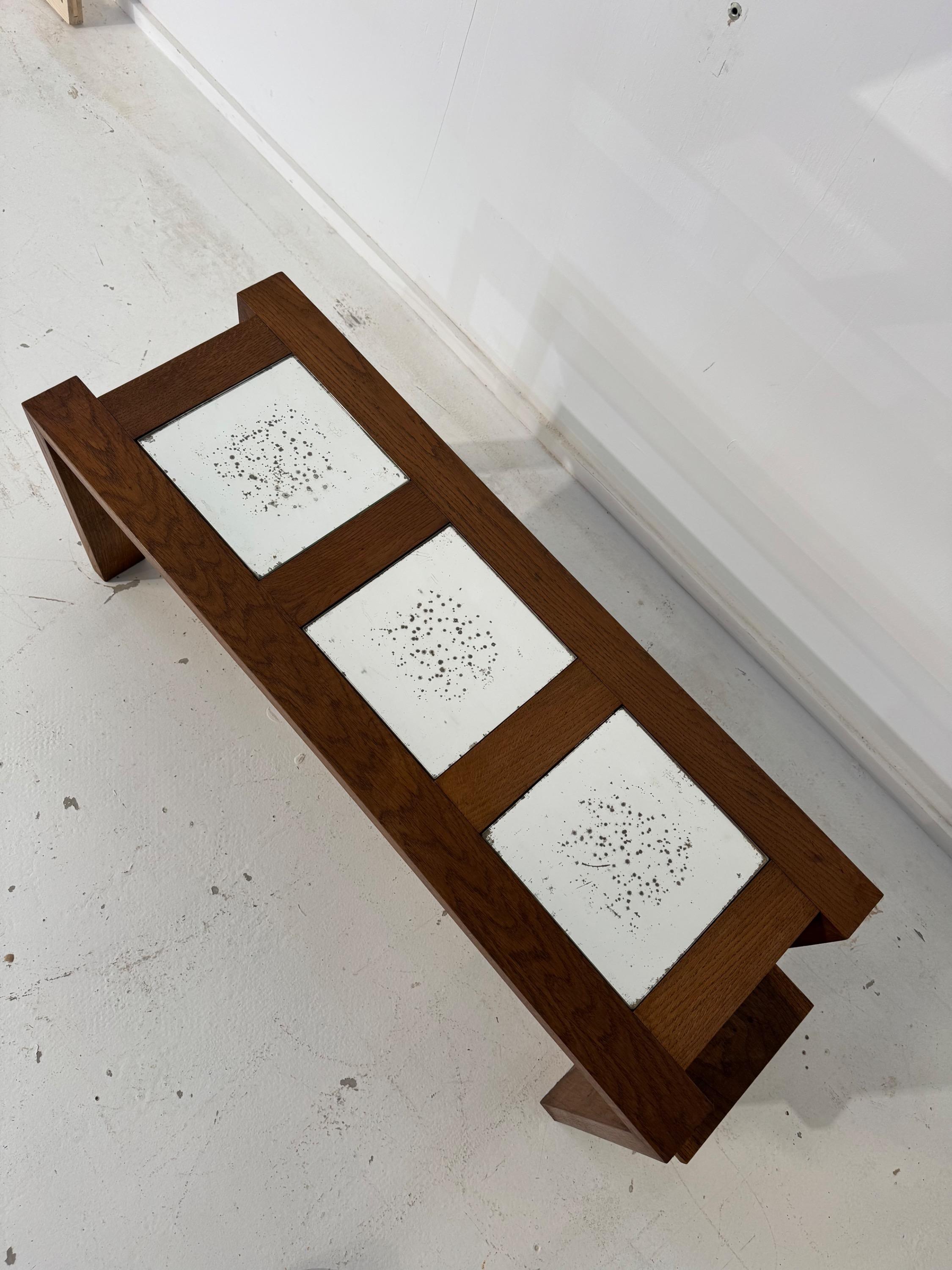 1930’s French Modernist Low Table in Oak & Mirrors. Dim = 120 x 36 x 40 cm