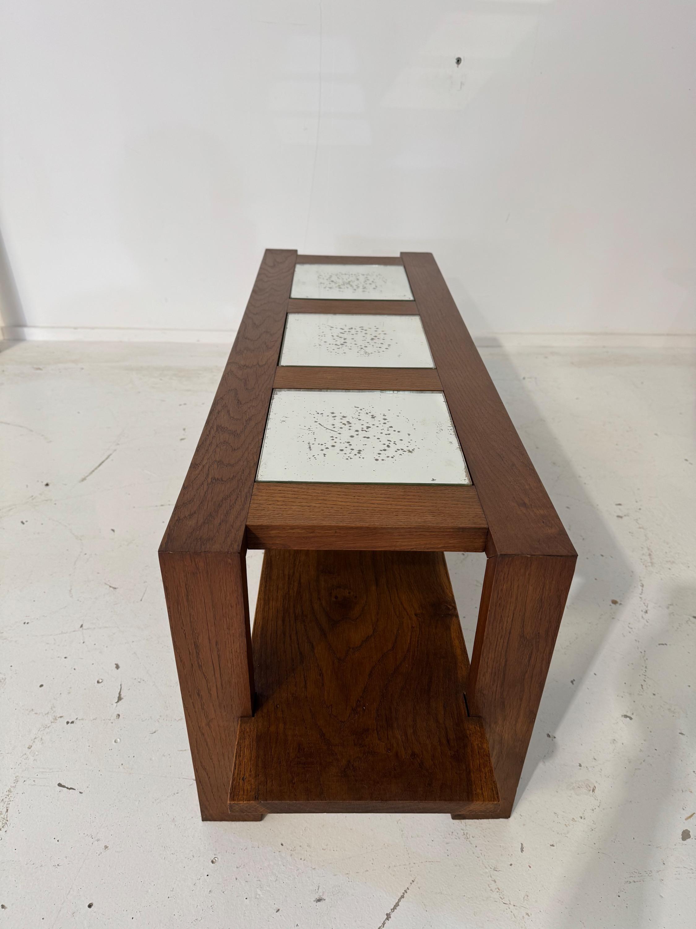 1930’s French Modernist Low Table in Oak & Mirrors. Dim = 120 x 36 x 40 cm