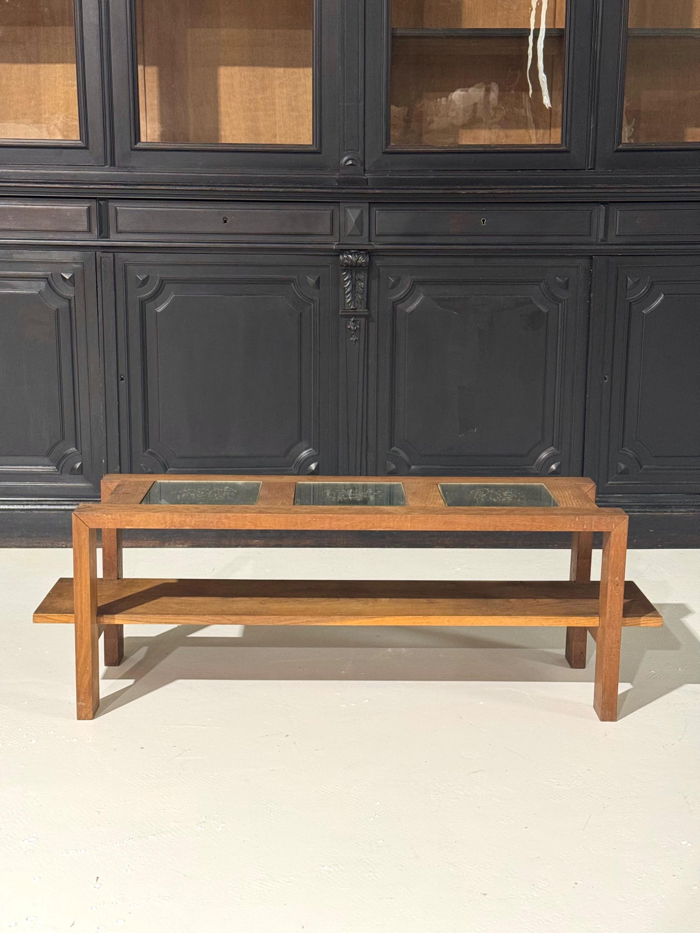 1940 French low Table in Oak & Mirrors Dim = 120 x 36 x 40 cm