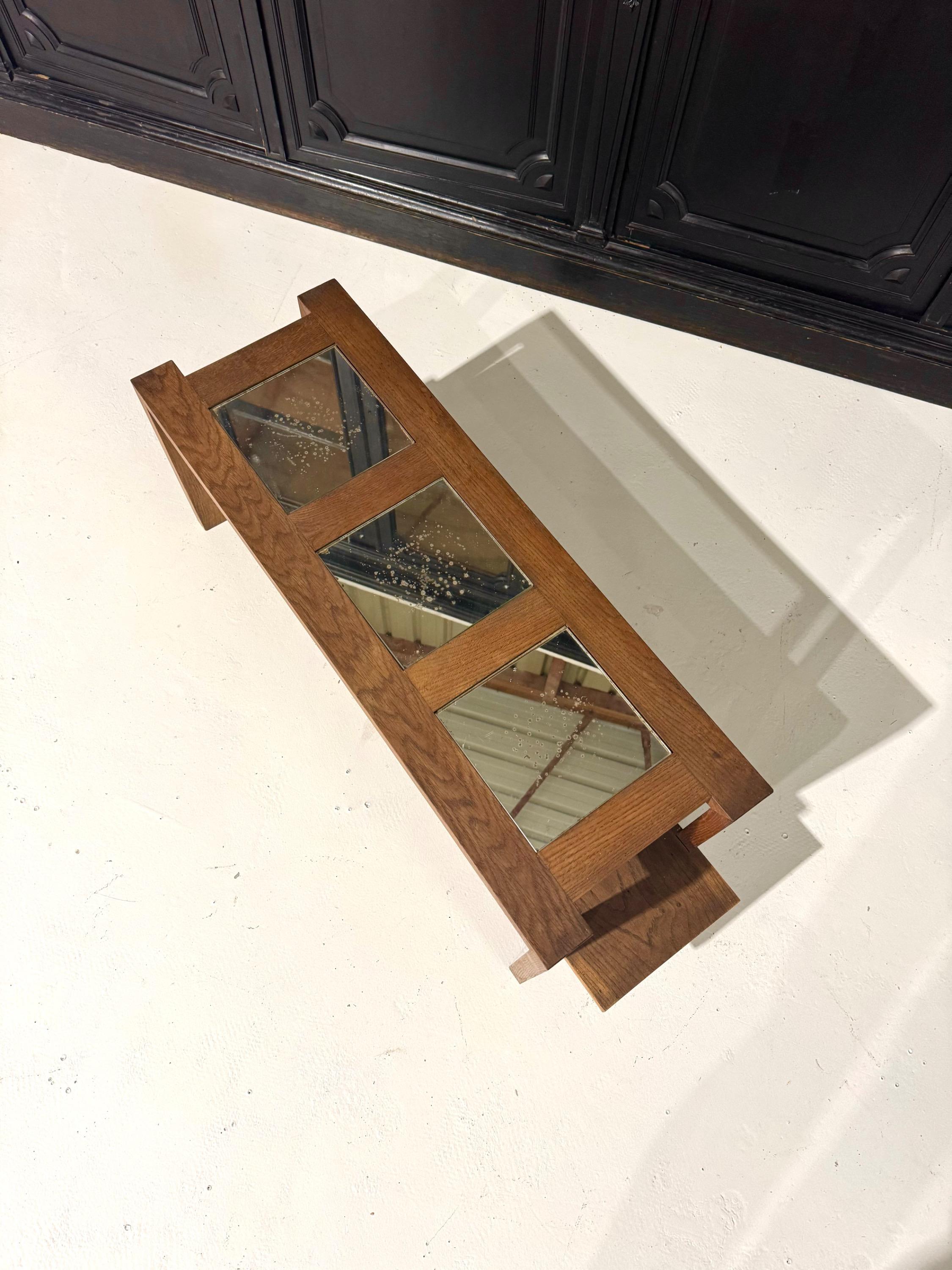1940 French low Table in Oak & Mirrors Dim = 120 x 36 x 40 cm