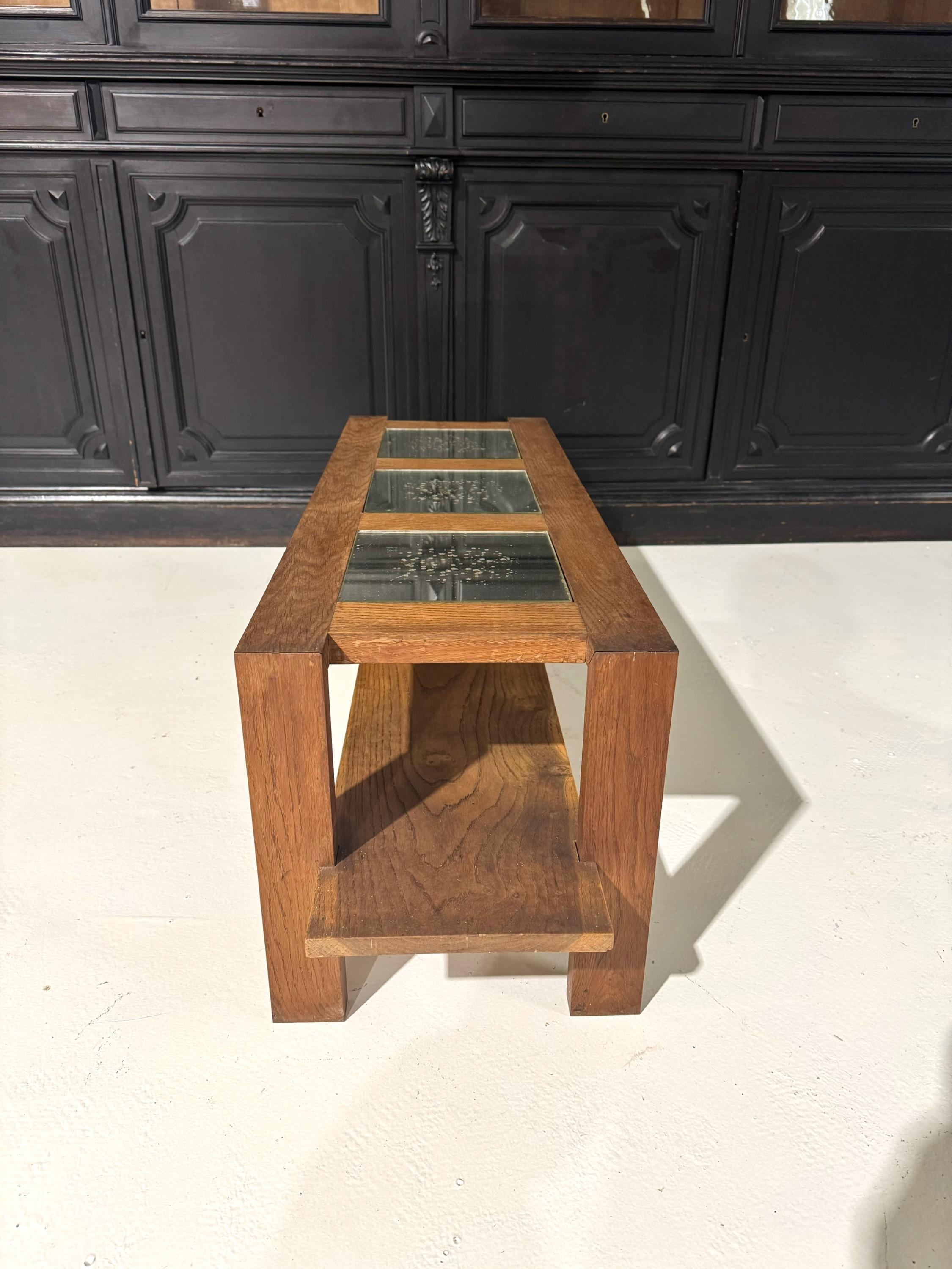 1940 French low Table in Oak & Mirrors Dim = 120 x 36 x 40 cm