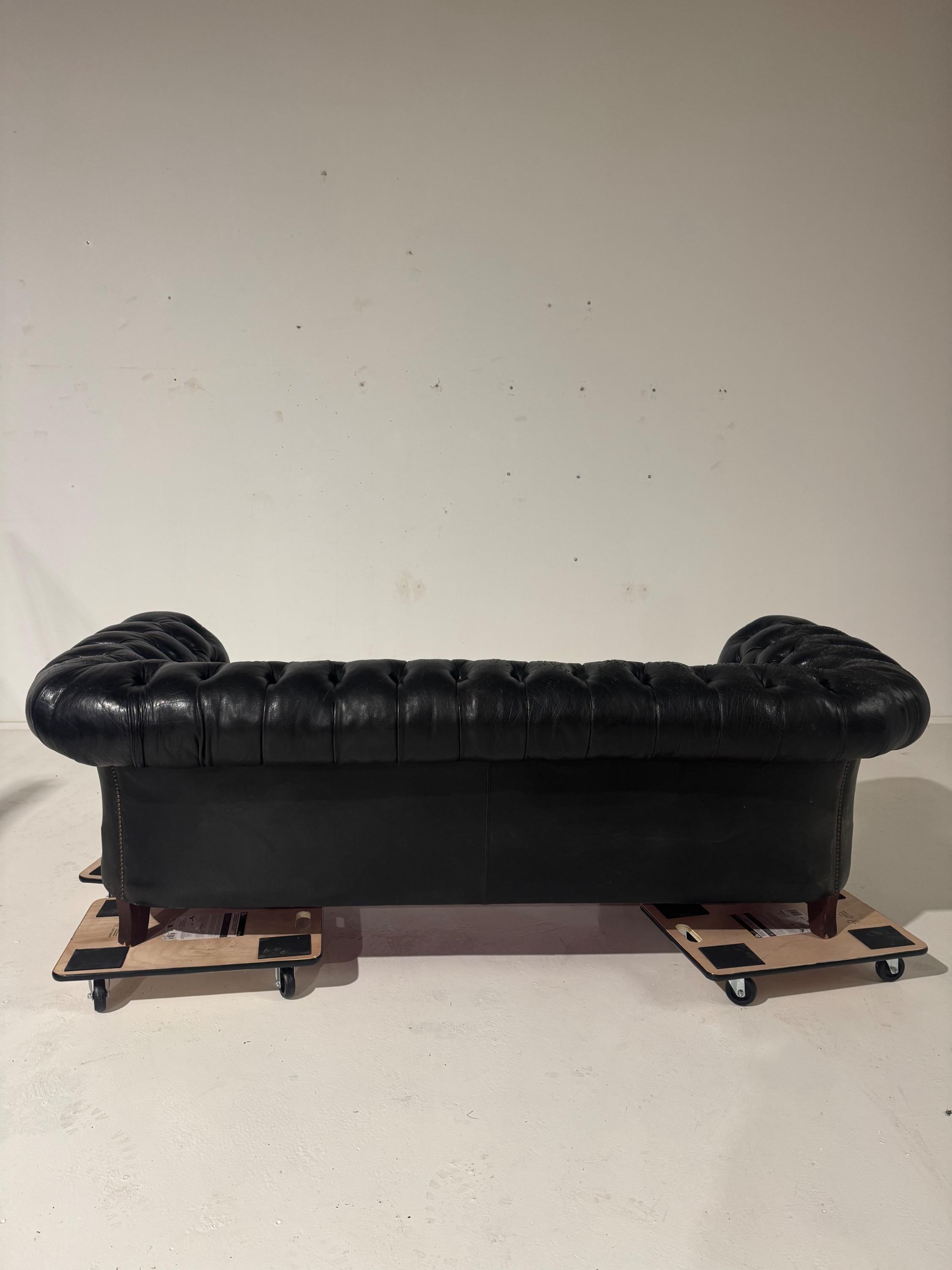 1940’s English Chesterfield Leather Sofa , Very Good Original Vintage Condition With Nice Time Patina . Dim = 220 x 90 x Hback 70 / Hseat 40 cm