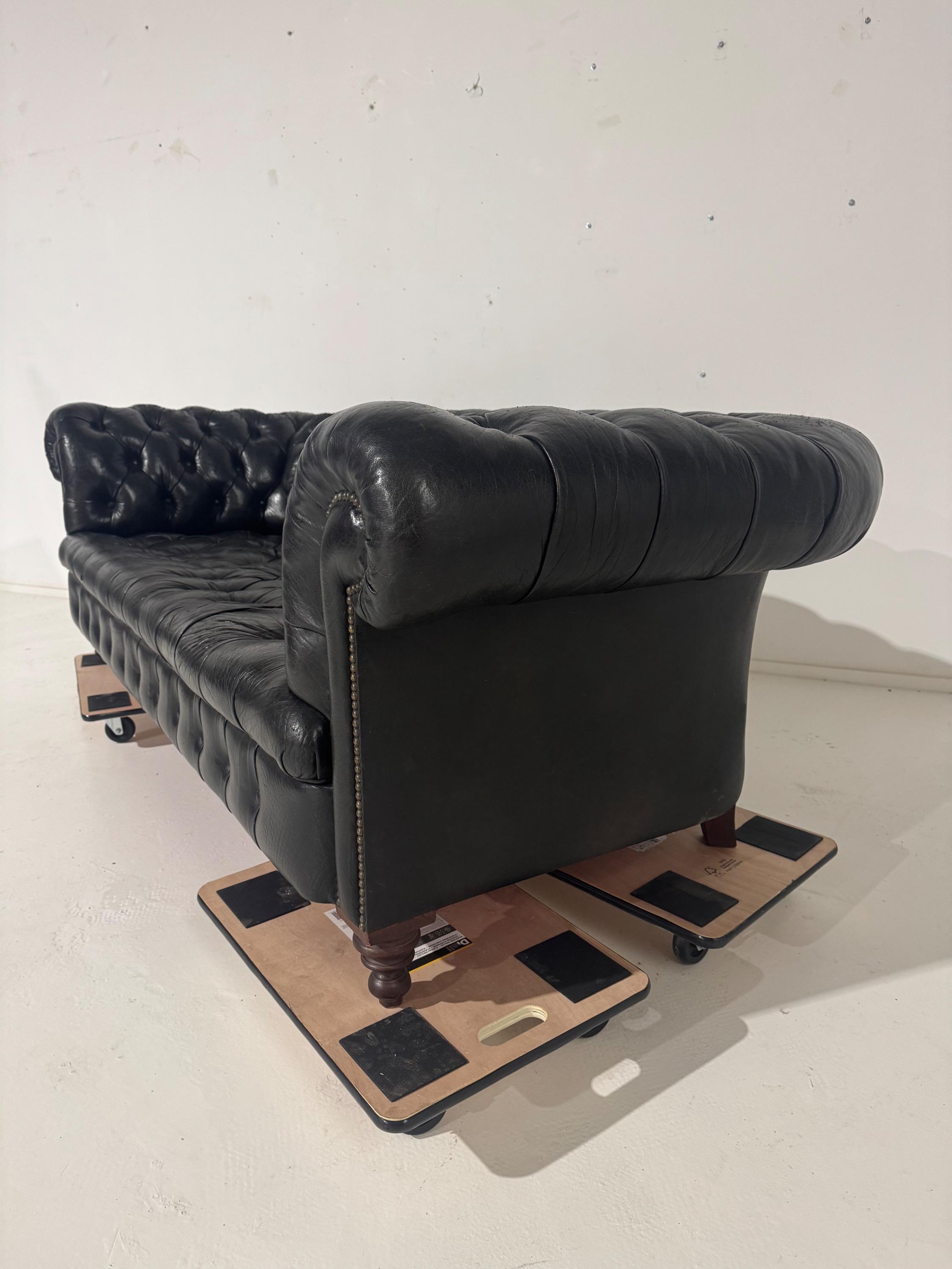 1940’s English Chesterfield Leather Sofa , Very Good Original Vintage Condition With Nice Time Patina . Dim = 220 x 90 x Hback 70 / Hseat 40 cm