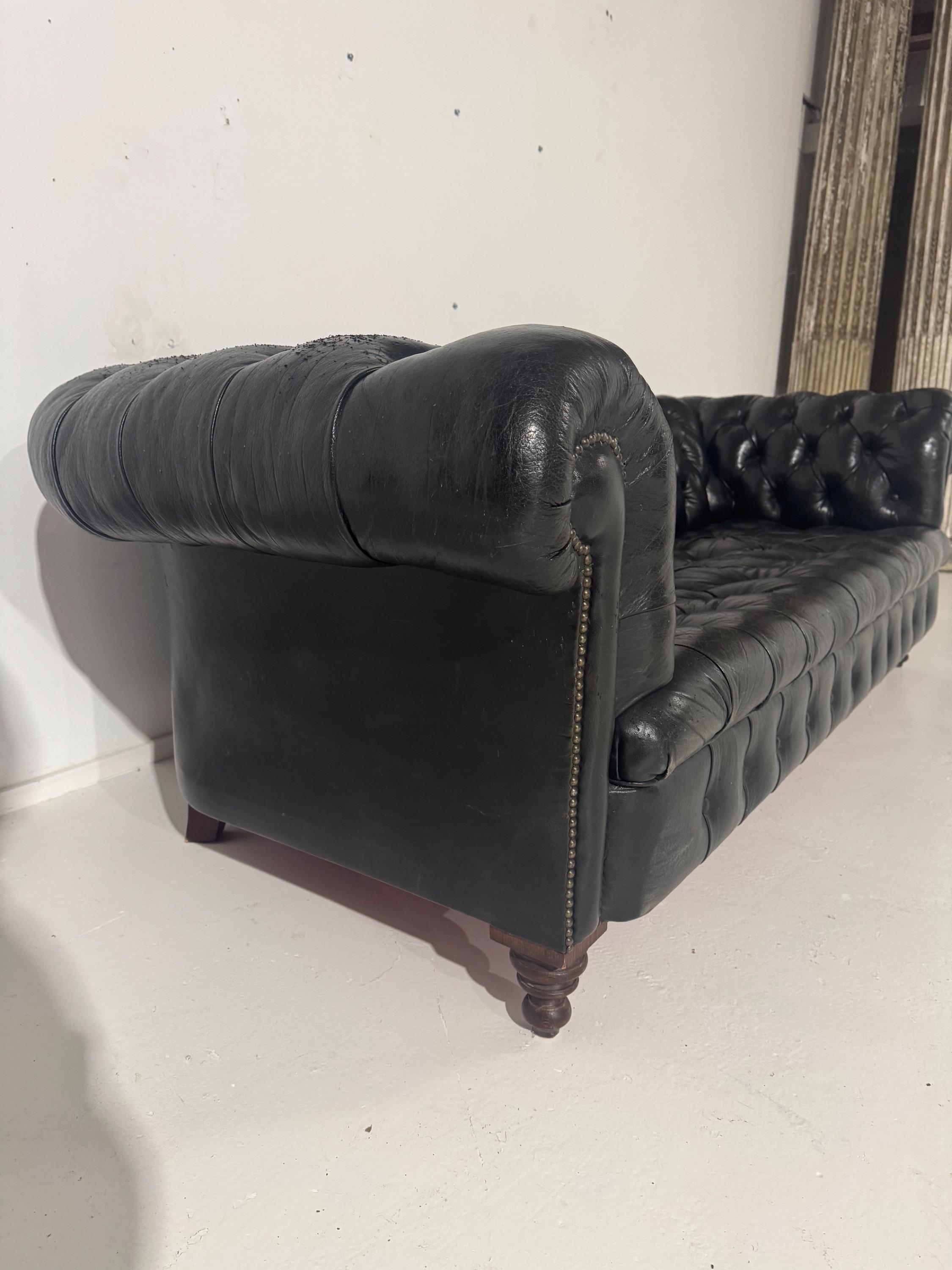 1940’s English Chesterfield Leather Sofa , Very Good Original Vintage Condition With Nice Time Patina . Dim = 220 x 90 x Hback 70 / Hseat 40 cm