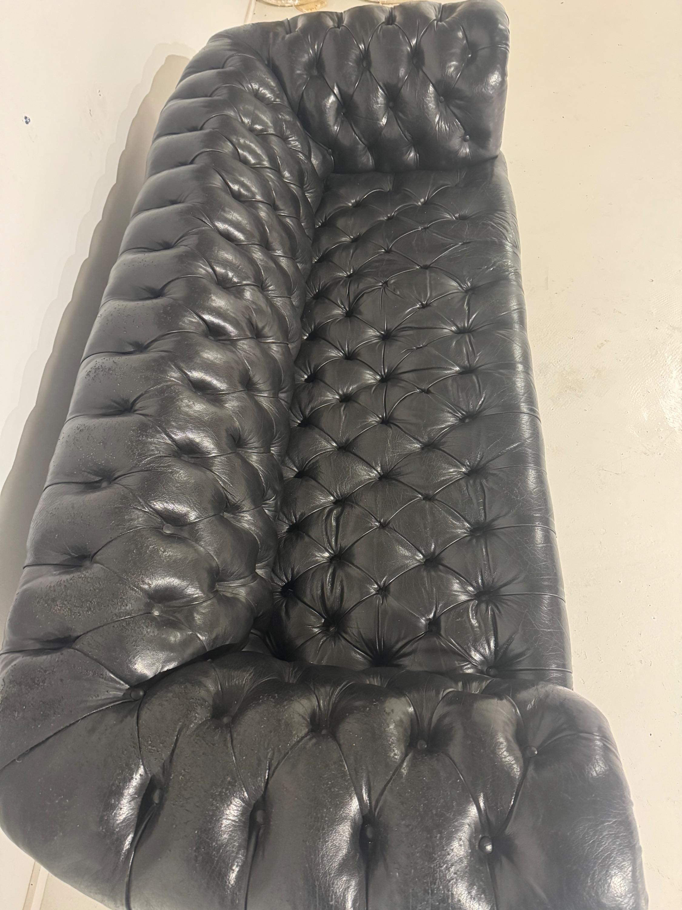 1940’s English Chesterfield Leather Sofa , Very Good Original Vintage Condition With Nice Time Patina . Dim = 220 x 90 x Hback 70 / Hseat 40 cm