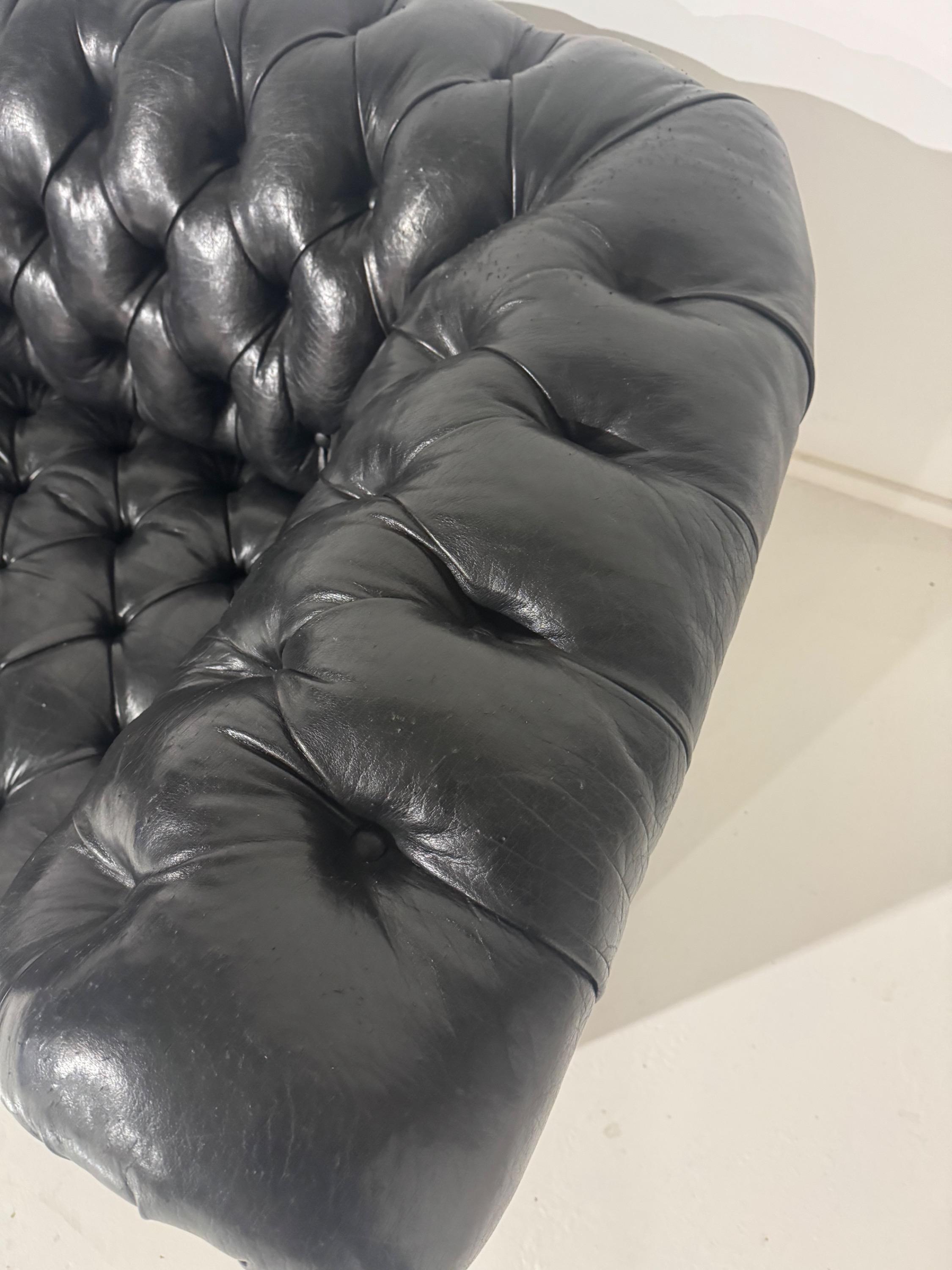 1940’s English Chesterfield Leather Sofa , Very Good Original Vintage Condition With Nice Time Patina . Dim = 220 x 90 x Hback 70 / Hseat 40 cm