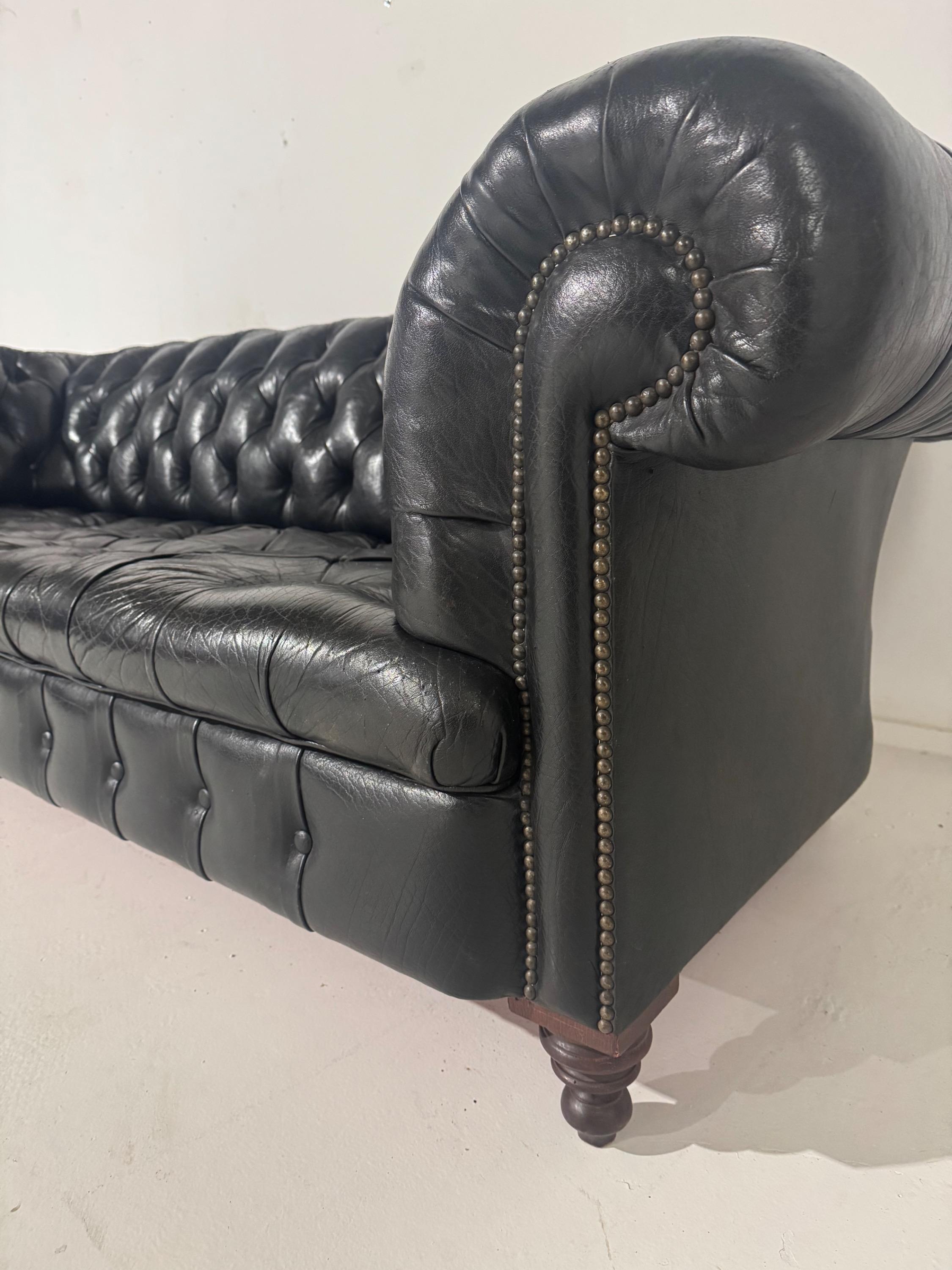 1940’s English Chesterfield Leather Sofa , Very Good Original Vintage Condition With Nice Time Patina . Dim = 220 x 90 x Hback 70 / Hseat 40 cm
