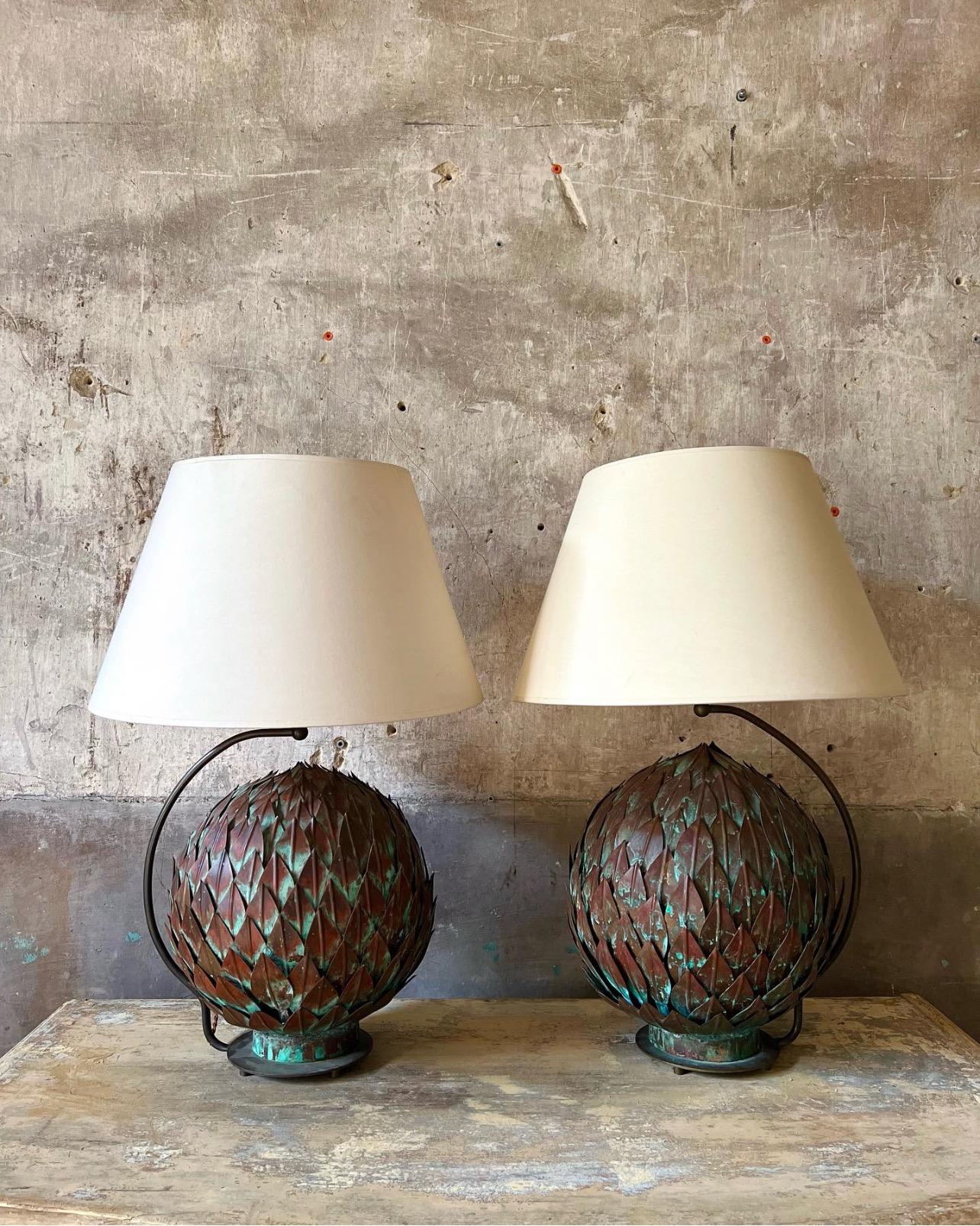 A pair of Big 1970 Copper Artichokes Lamps. Dim with Shades = H 71 / Diam 35 cm