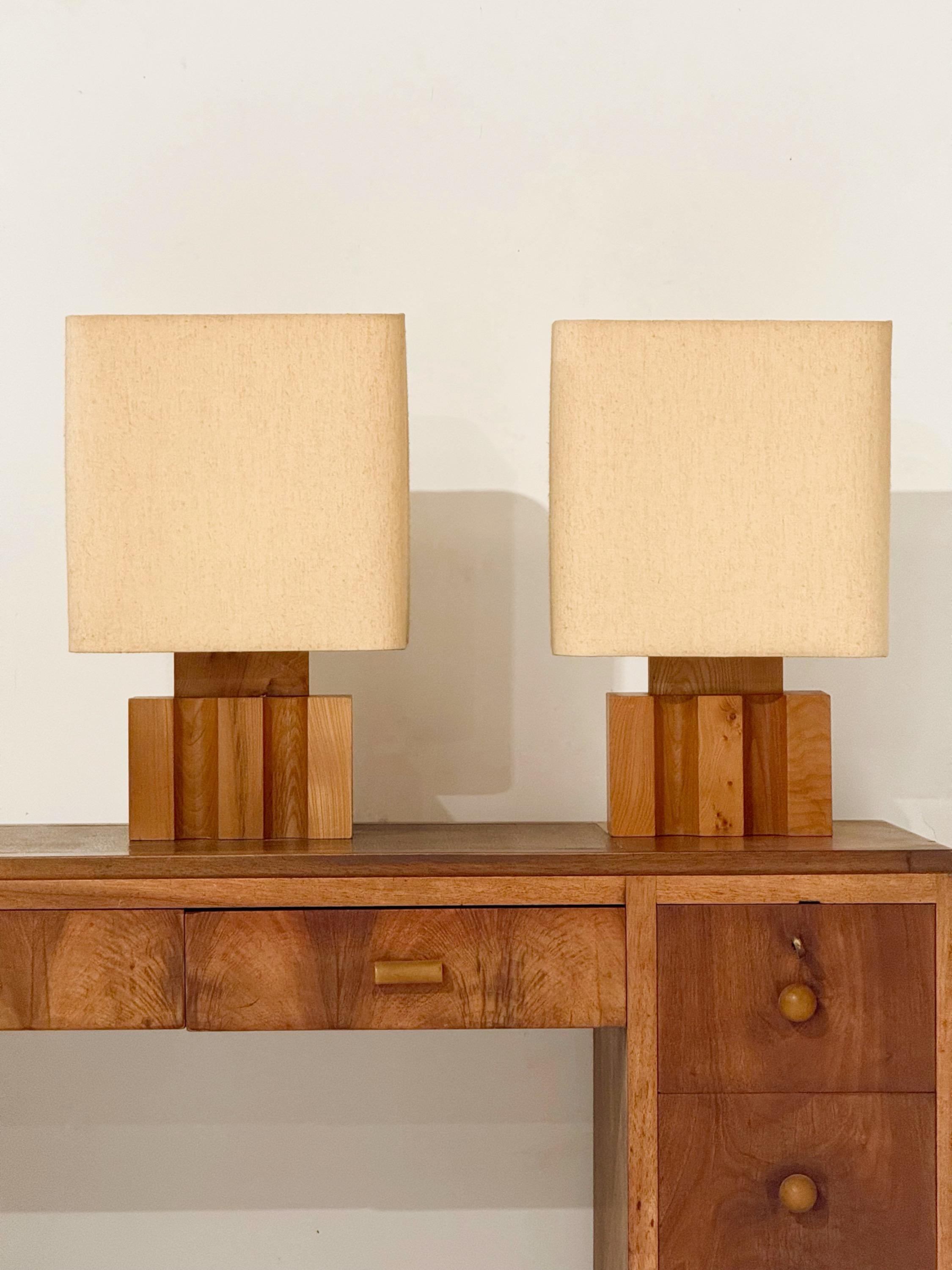 A Pair  of French Table Lamps by Maison Regain Circa 1970 in  Solid Elm Wood & Super Original Condition 