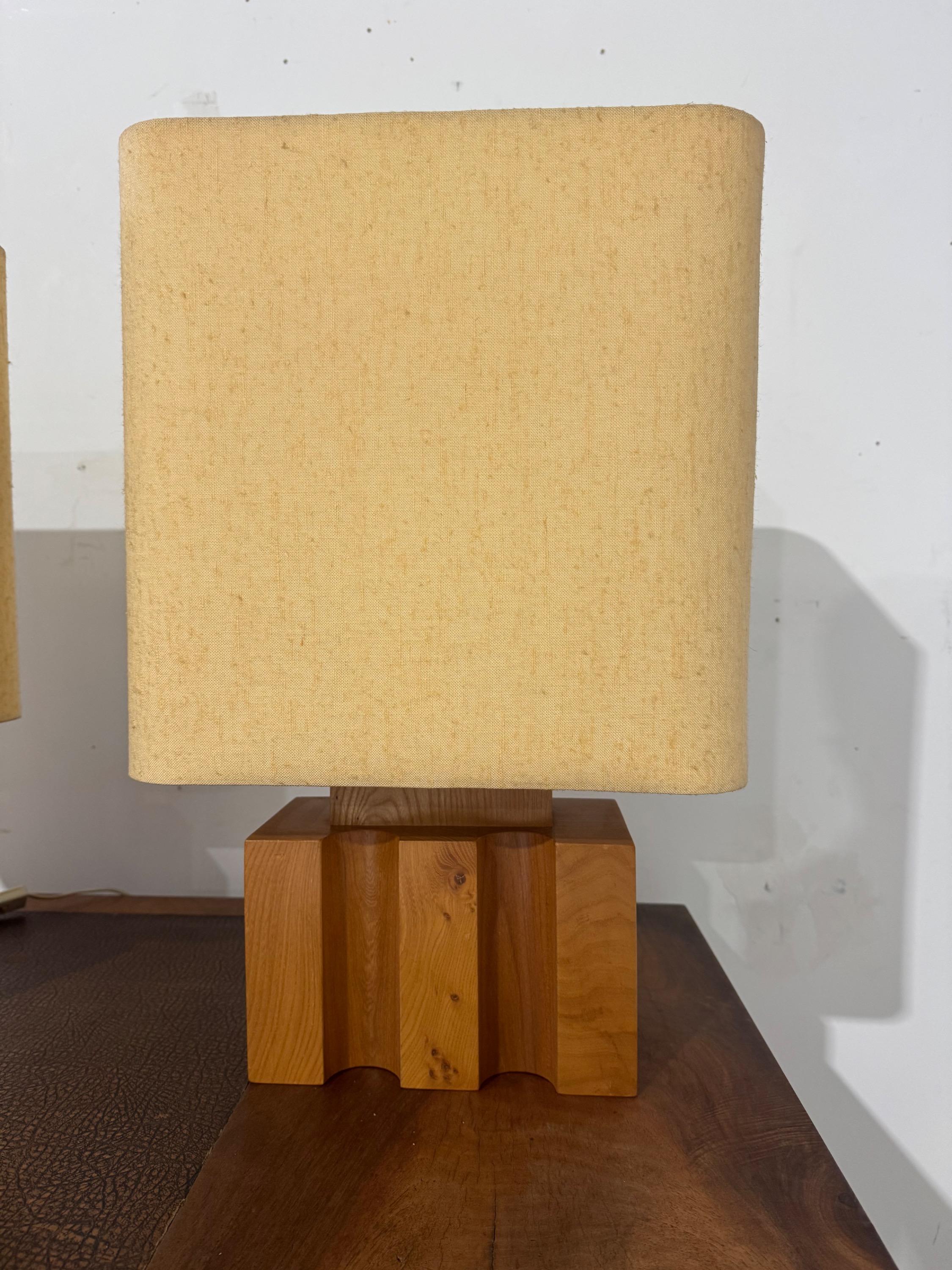 A Pair  of French Table Lamps by Maison Regain Circa 1970 in  Solid Elm Wood & Super Original Condition 