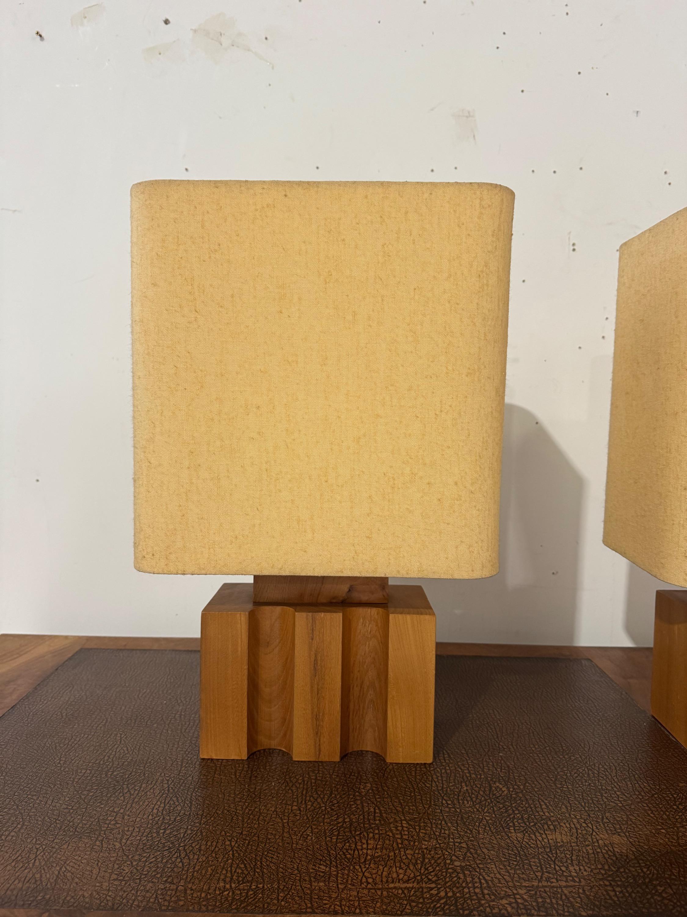 A Pair  of French Table Lamps by Maison Regain Circa 1970 in  Solid Elm Wood & Super Original Condition 