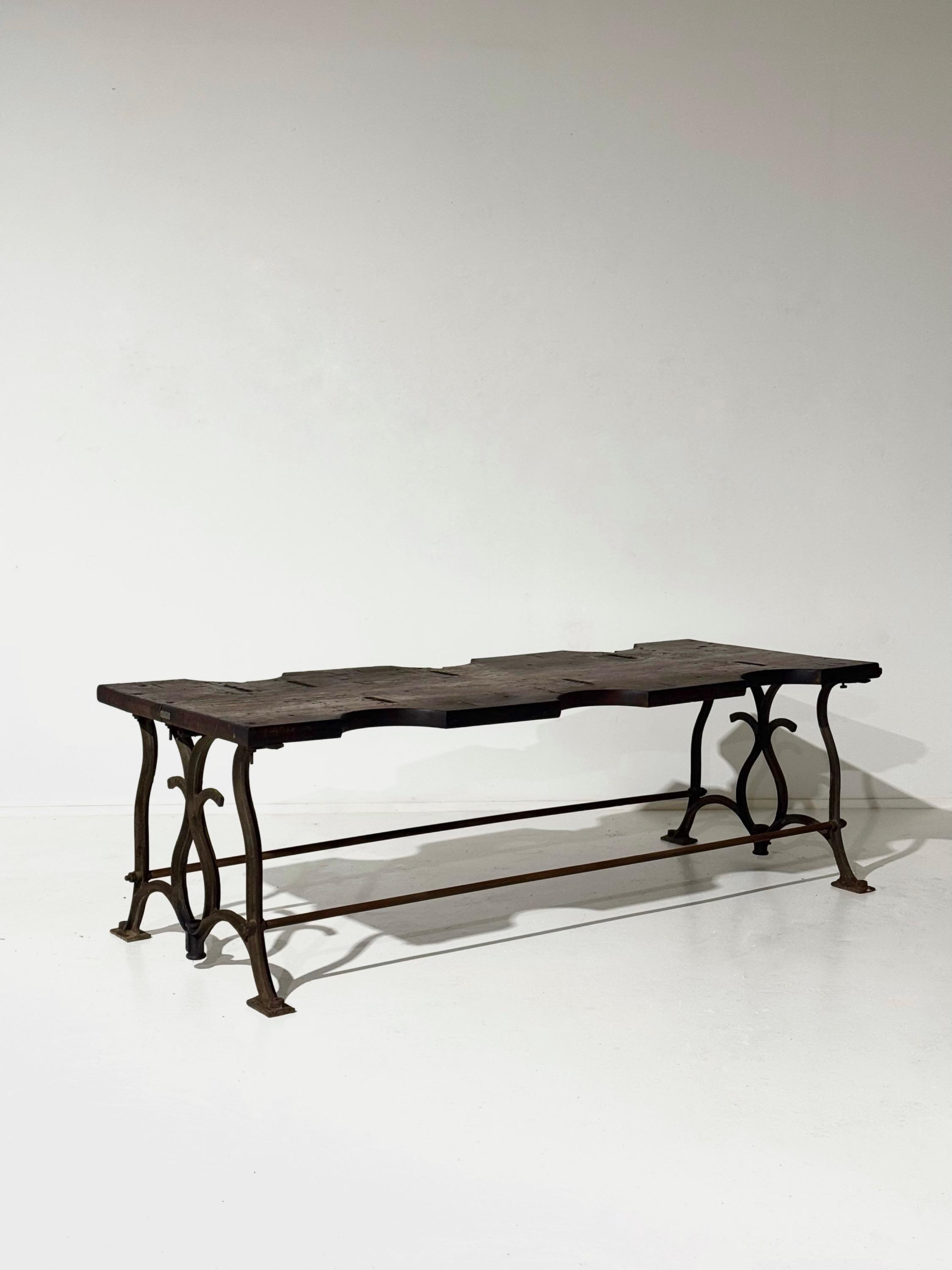 Amazing End of 19th Century Big French Jewellery Work Table With Beautiful Cast Iron Base & Strong Oak Top Plate ,Superb Time Patina. Dim = 240 x 93 x 77 cm