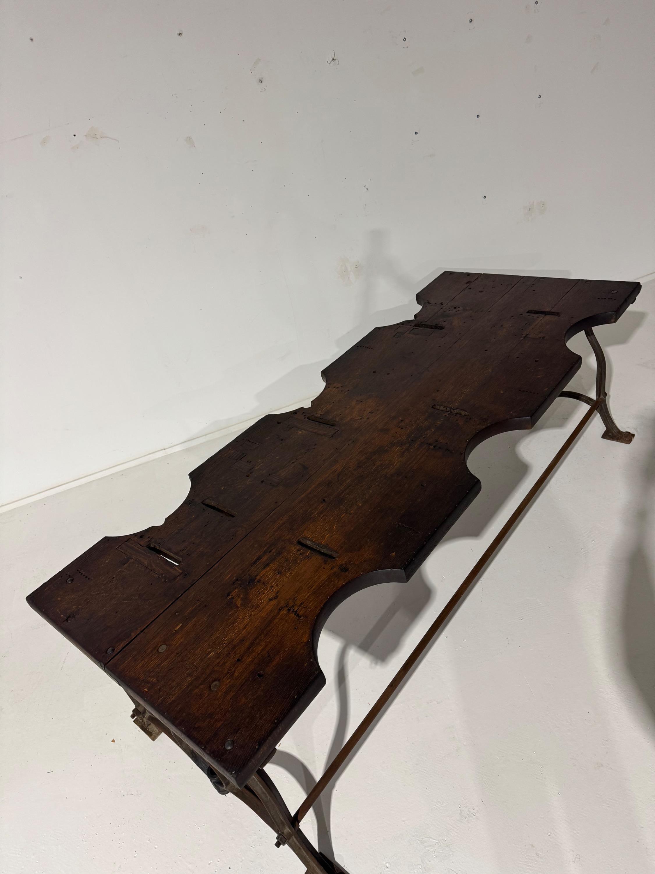 Amazing End of 19th Century Big French Jewellery Work Table With Beautiful Cast Iron Base & Strong Oak Top Plate ,Superb Time Patina. Dim = 240 x 93 x 77 cm