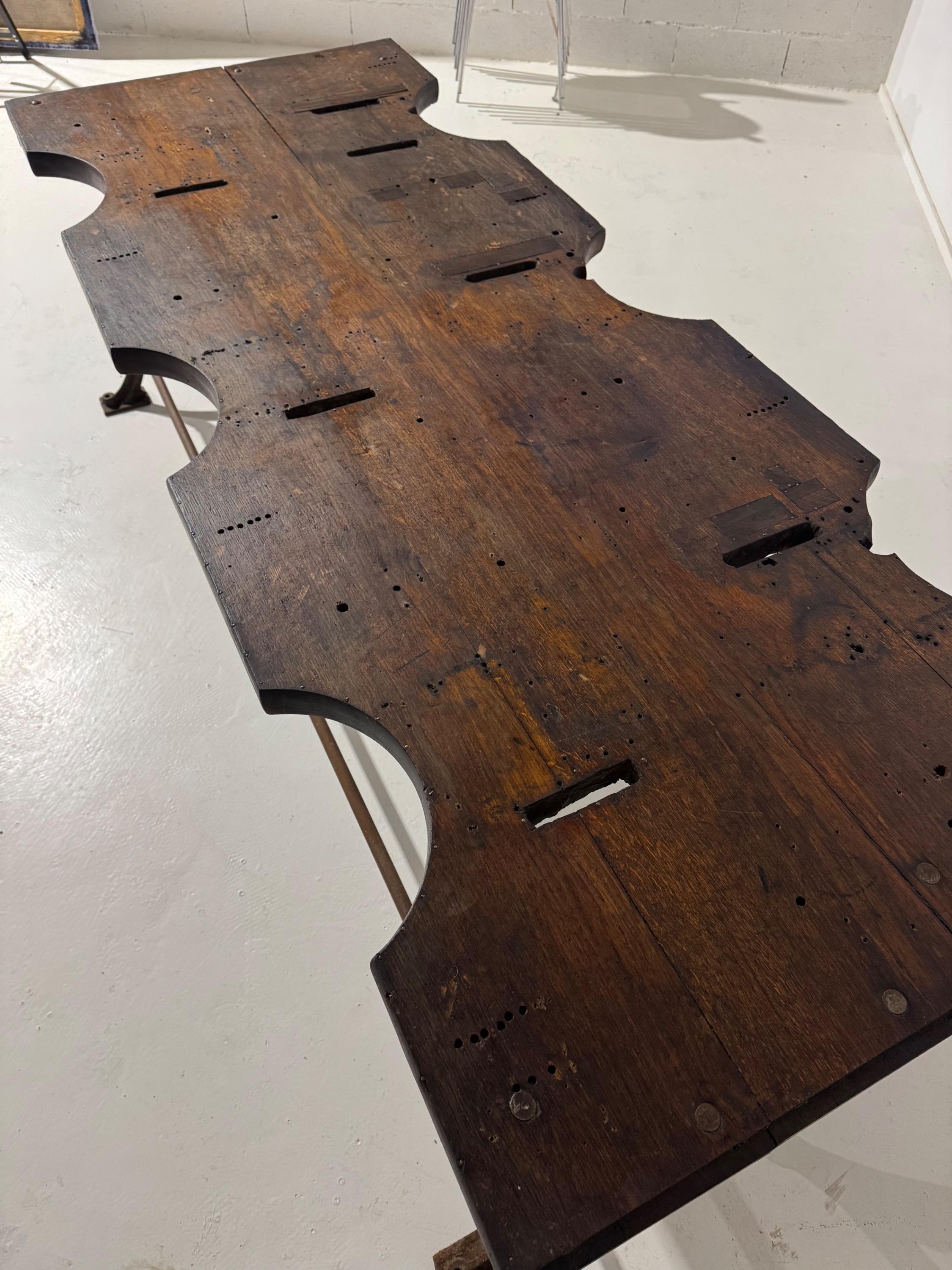 Amazing End of 19th Century Big French Jewellery Work Table With Beautiful Cast Iron Base & Strong Oak Top Plate ,Superb Time Patina. Dim = 240 x 93 x 77 cm