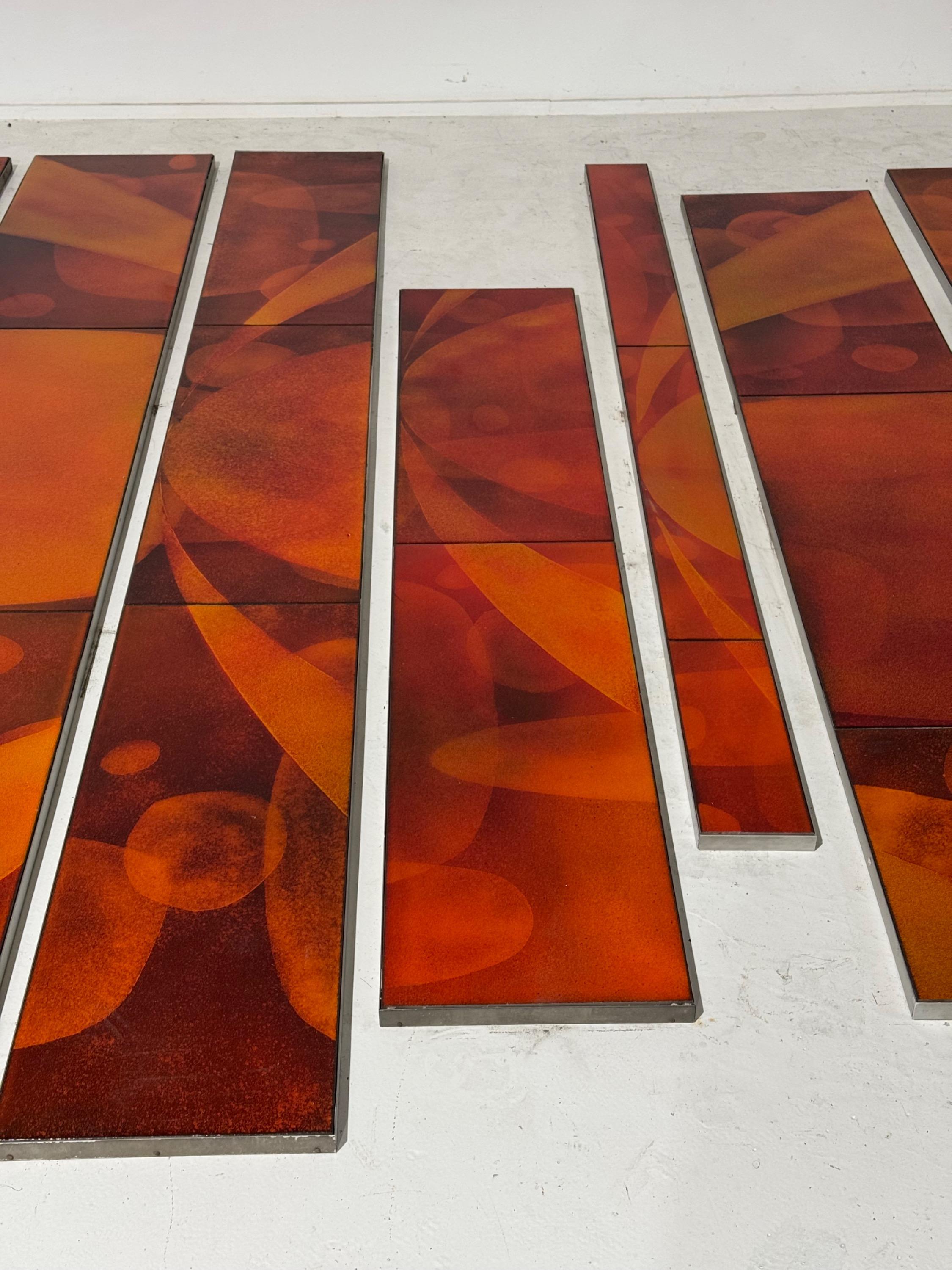 Amazing French Wall Decor Composed of 13 Big Enamelled lava stones Plates, Come From The Facade Of a 1960’s Building   Dimensions as in the picture :   327 x 470 cm