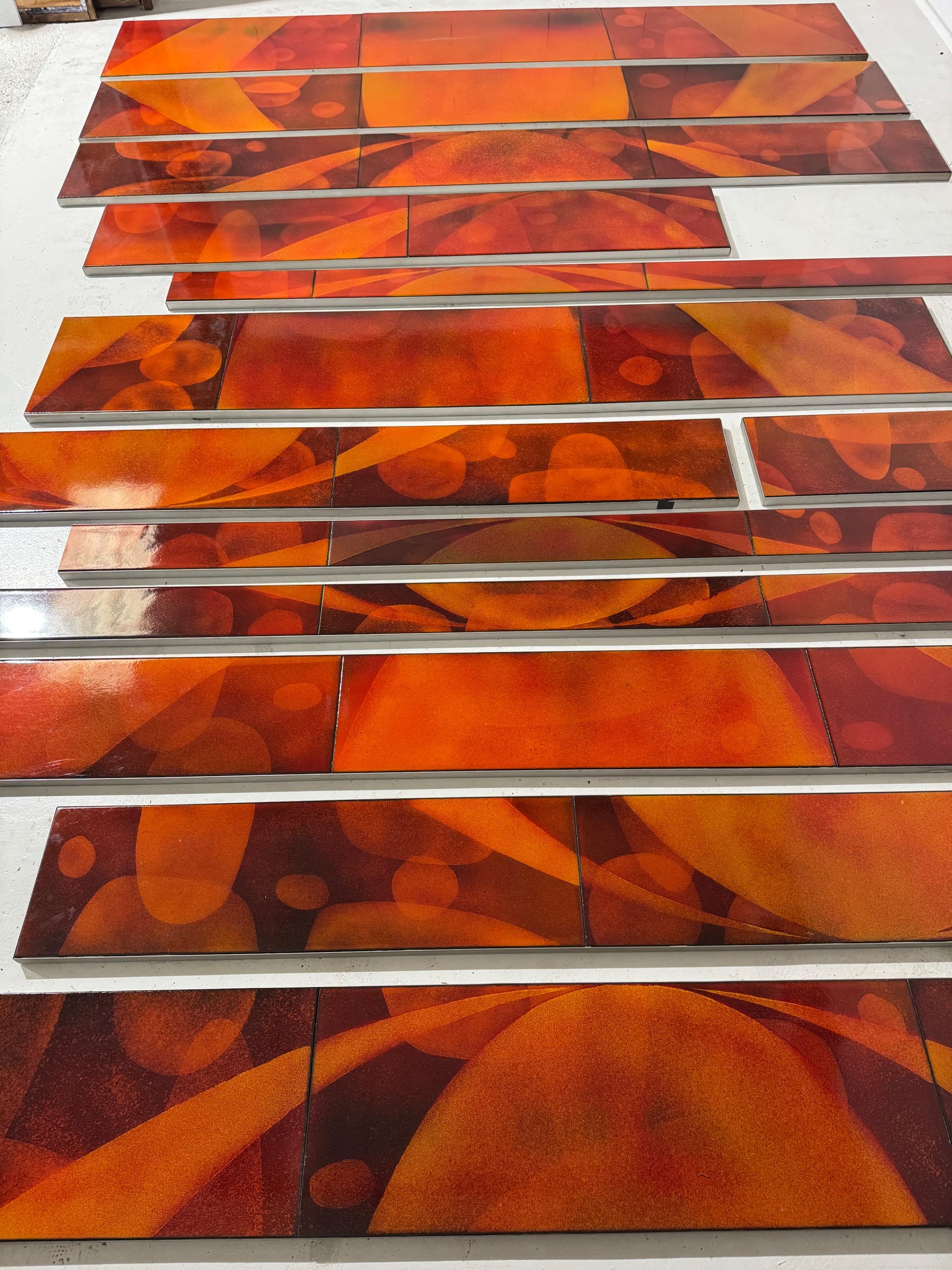 Amazing French Wall Decor Composed of 13 Big Enamelled lava stones Plates, Come From The Facade Of a 1960’s Building   Dimensions as in the picture :   327 x 470 cm