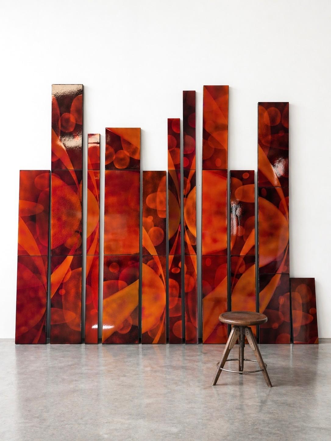 Amazing French Wall Decor Composed of 13 Big Enamelled lava stones Plates, Come From The Facade Of a 1960’s Building   Dimensions as in the picture :   327 x 470 cm
