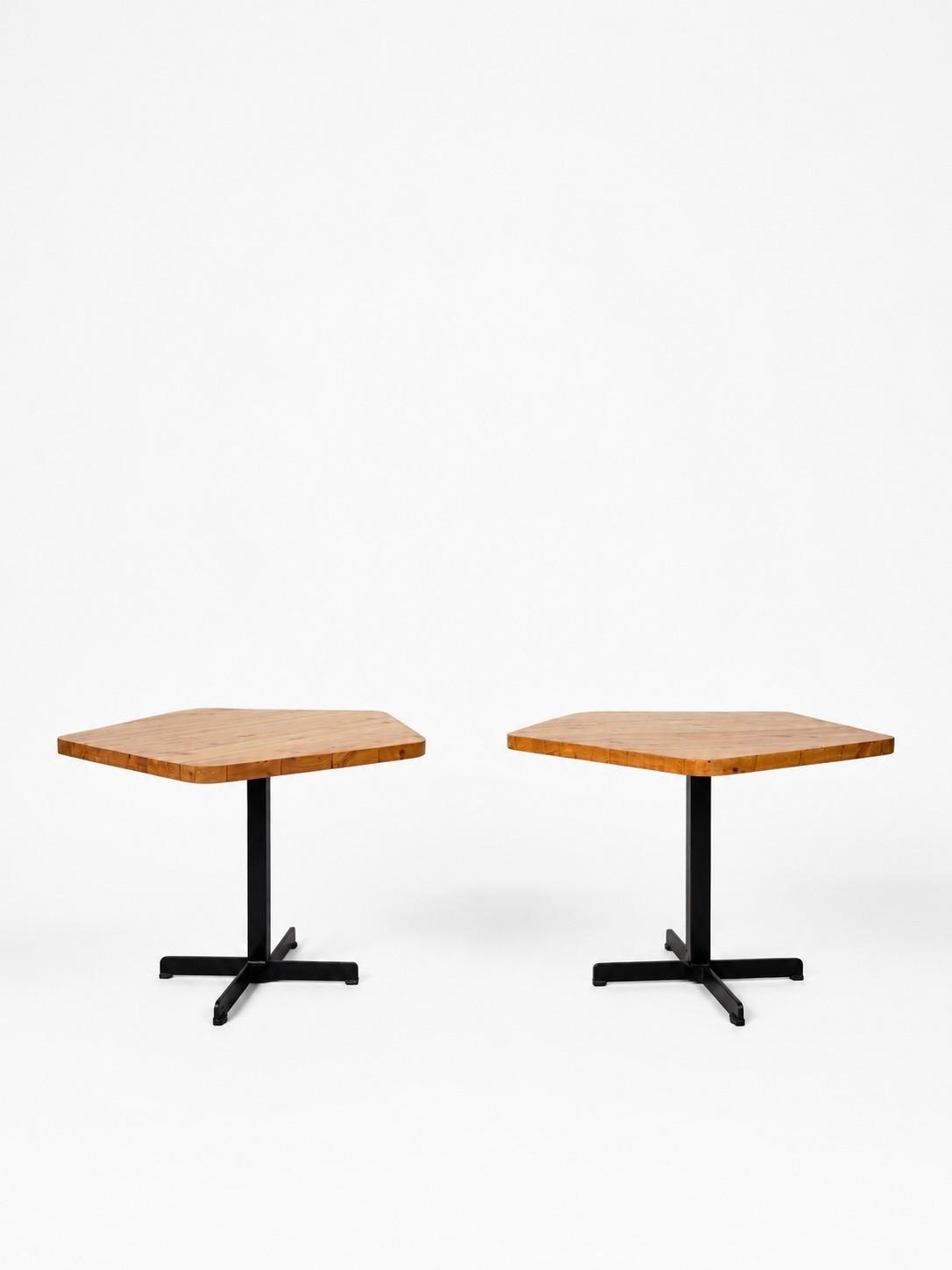 Charlotte Perriand, Rare Pair of Pentagonal Tables From « Le Varet » French Ski Resort  Arcs 2000 Circa 1975 Superb Original Vintage Condition