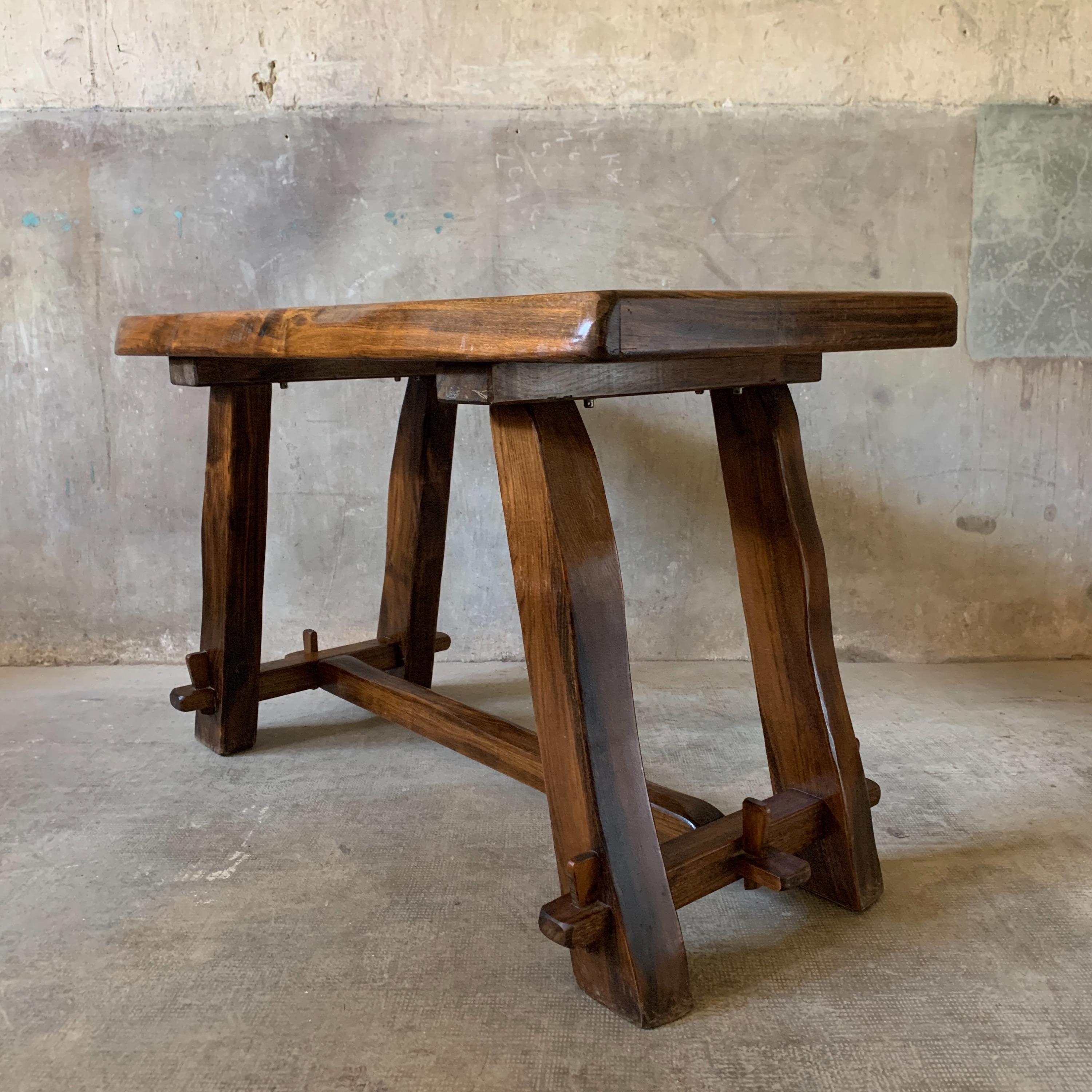 French Primitive Elmwood Table console by Aranjou Circa 1960, never see in this size, super vintage condition. Dim = 120 x 64 x 76,5 cm