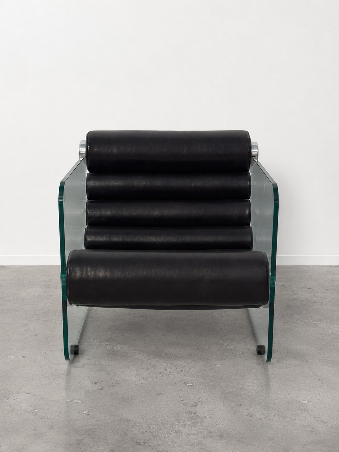 Hyaline Armchair by Fabio Lenci  Italy Circa 1970 Very Good original condition, A few small splinters on an armrest but without aesthetic consequences . Leather & Glass Dim = Hback 71 x Hseat 30 x 72 x 90 cm