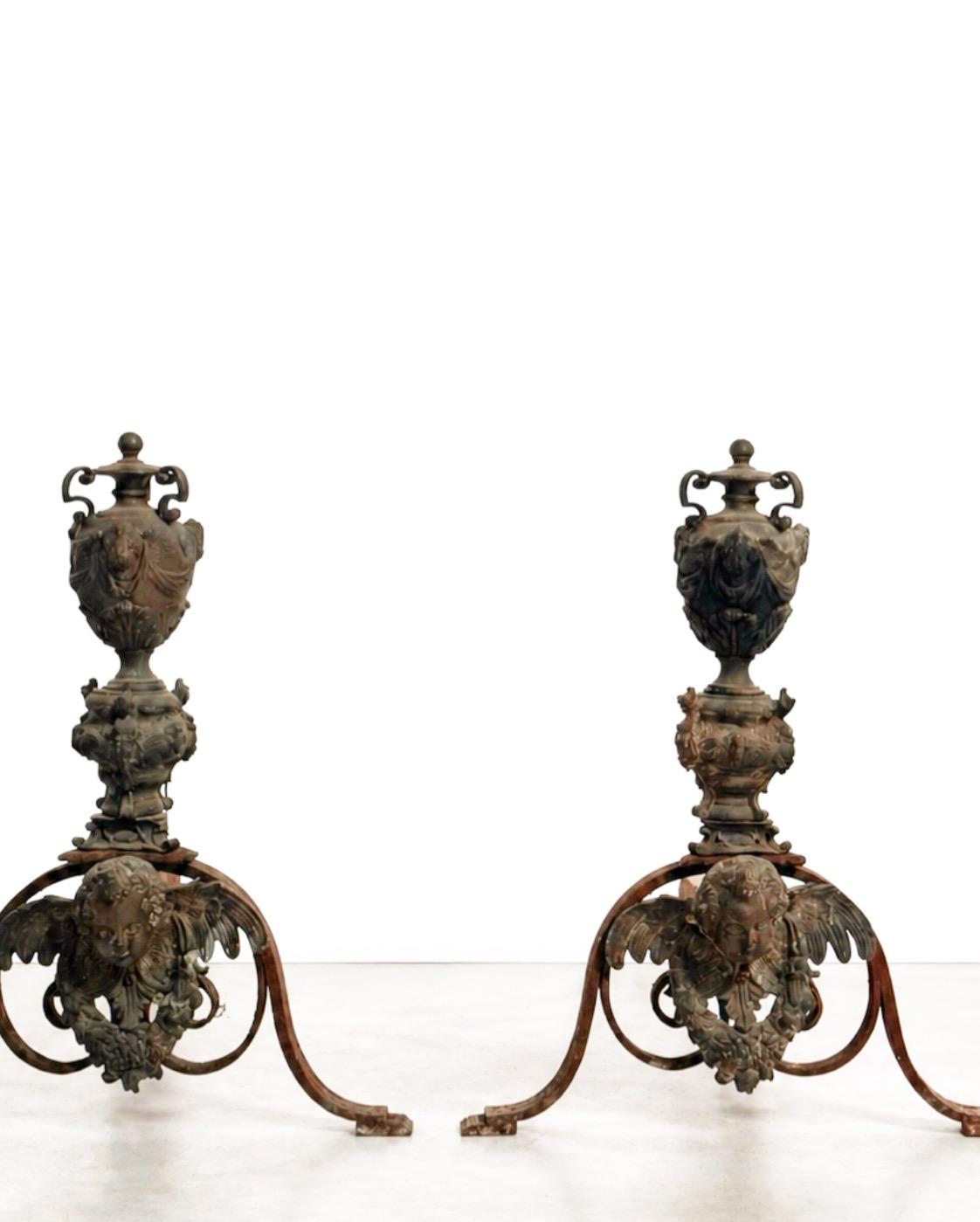 Impressive 19th century French Firedogs From a Castle of East of France. In wrought Iron & Bronze 