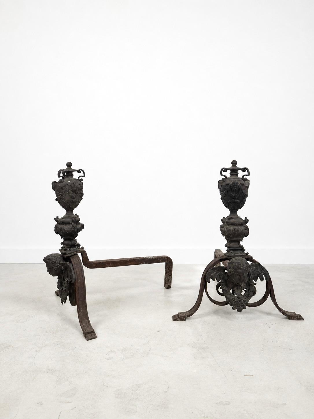 Impressive 19th century French Firedogs From a Castle of East of France. In wrought Iron & Bronze  Dim Each = H 62 x 50 x 62 cm
