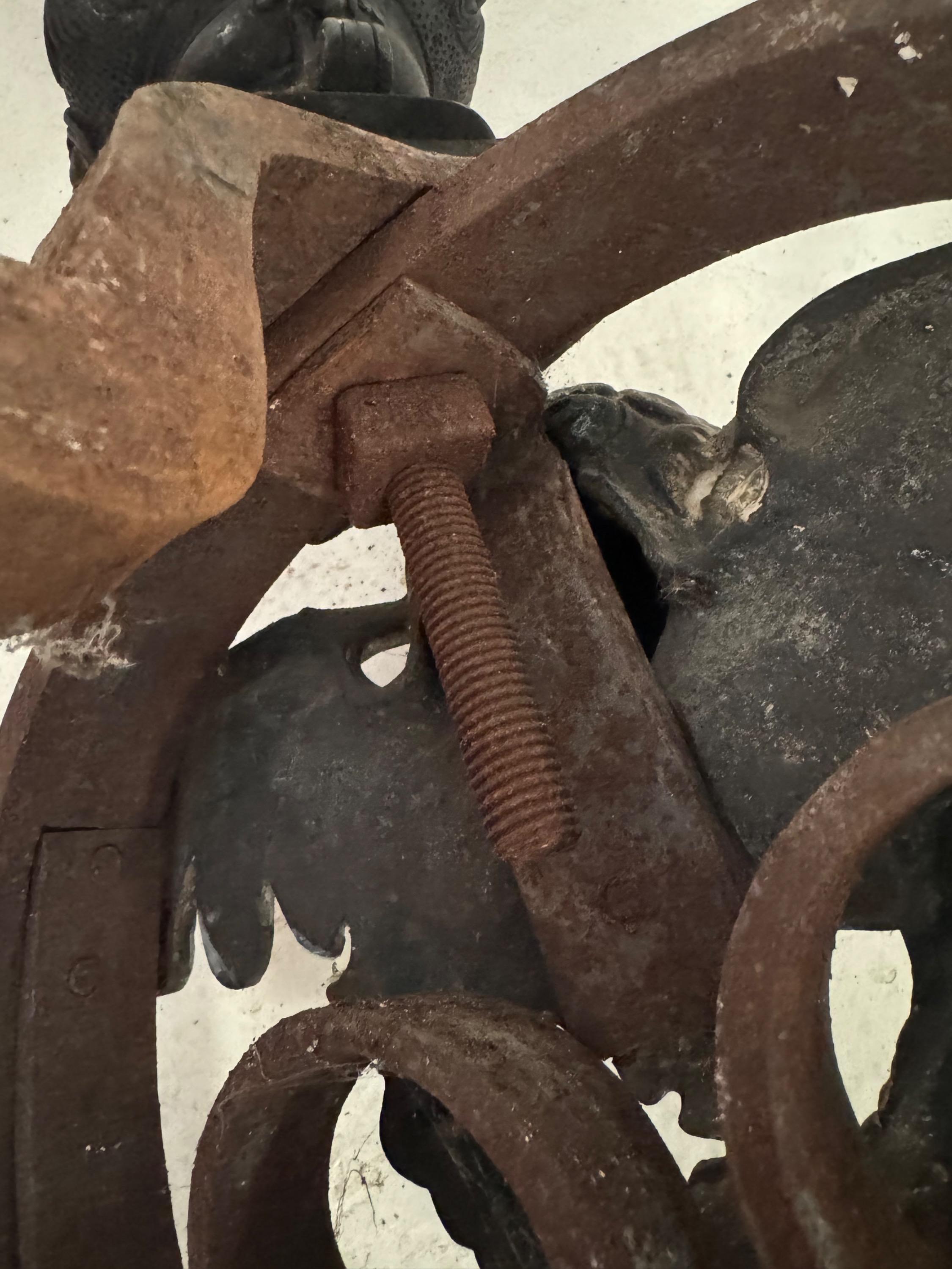 Impressive 19th century French Firedogs From a Castle of East of France. In wrought Iron & Bronze  Dim Each = H 62 x 50 x 62 cm