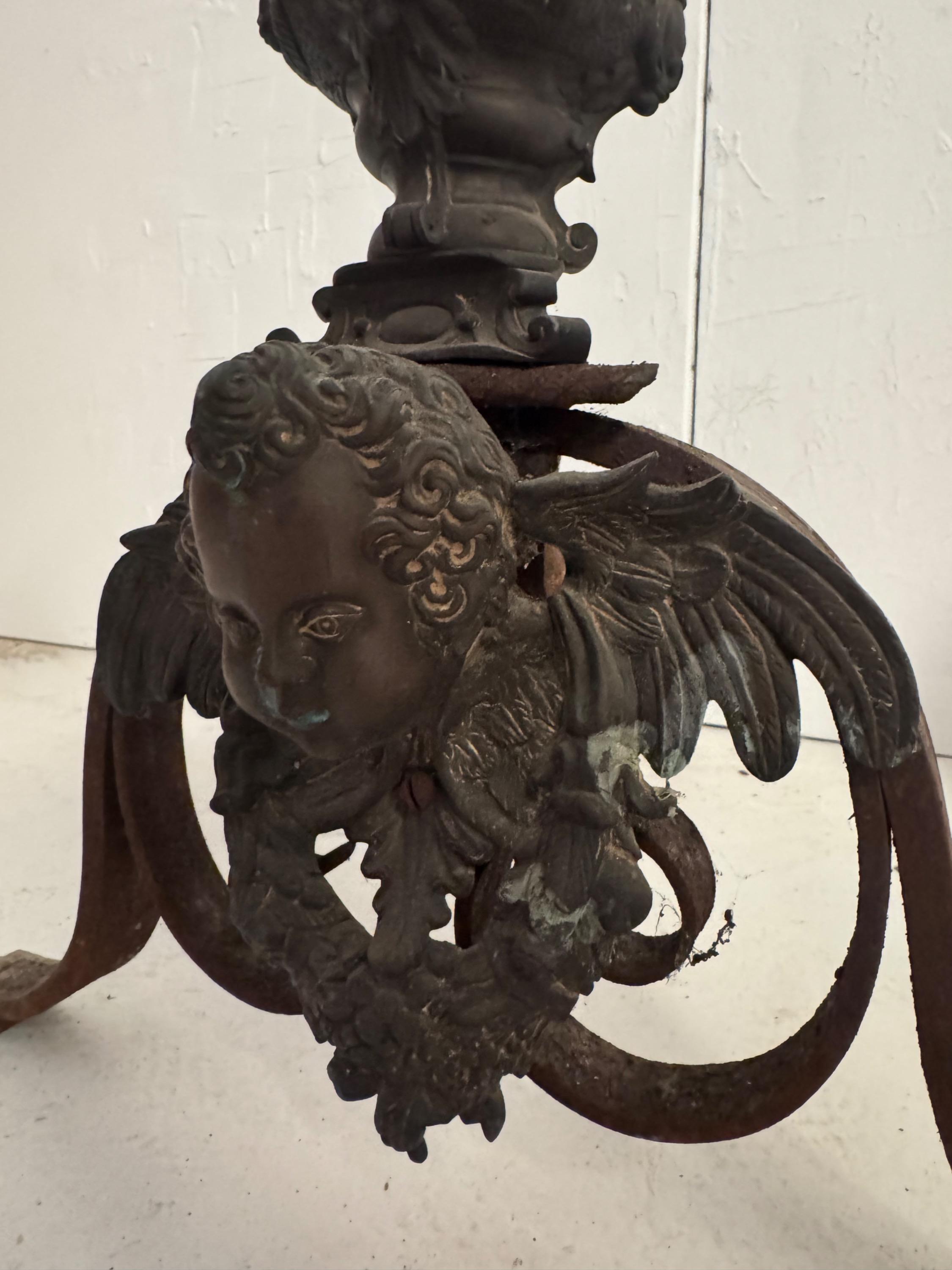Impressive 19th century French Firedogs From a Castle of East of France. In wrought Iron & Bronze  Dim Each = H 62 x 50 x 62 cm