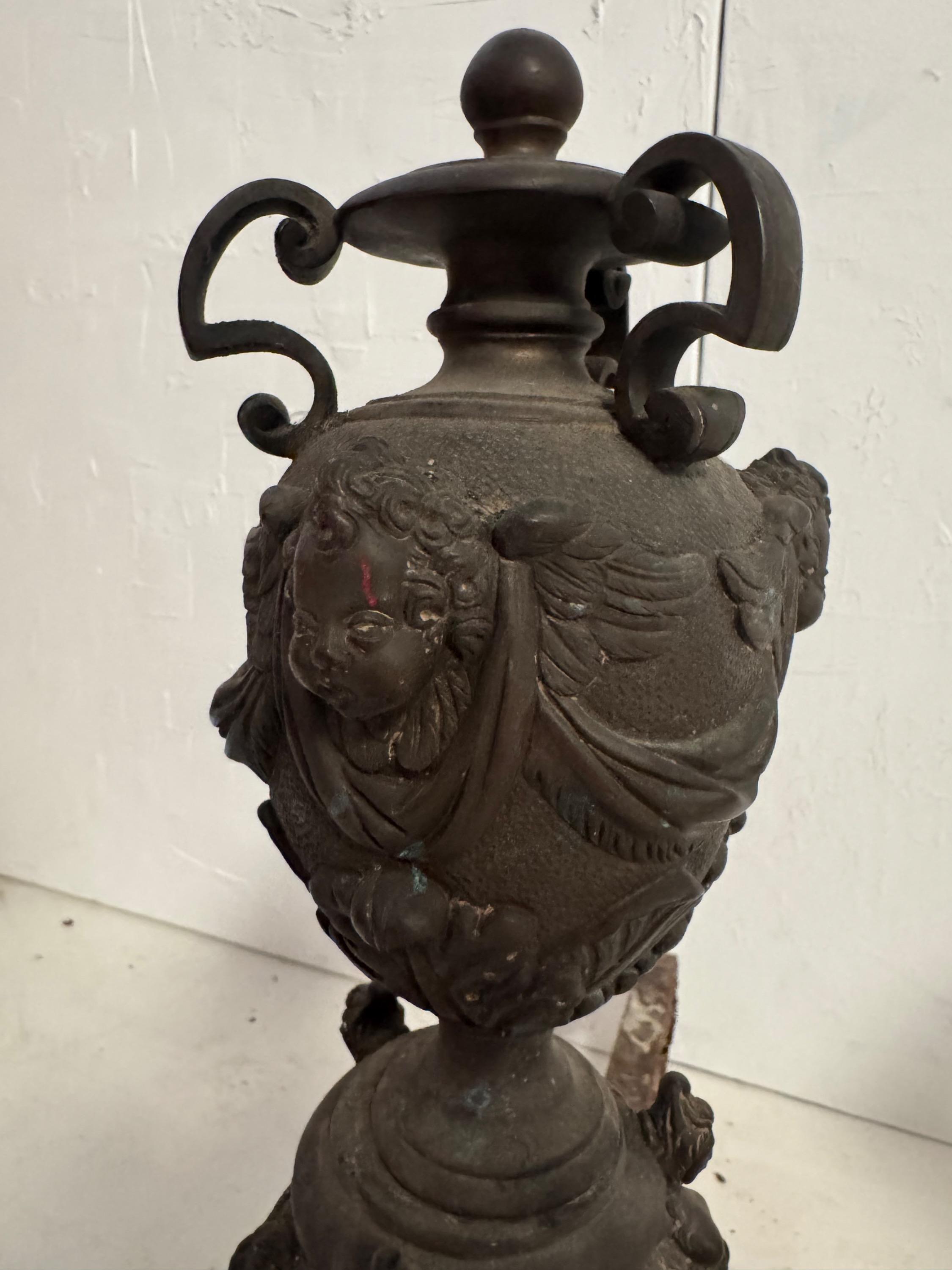 Impressive 19th century French Firedogs From a Castle of East of France. In wrought Iron & Bronze  Dim Each = H 62 x 50 x 62 cm