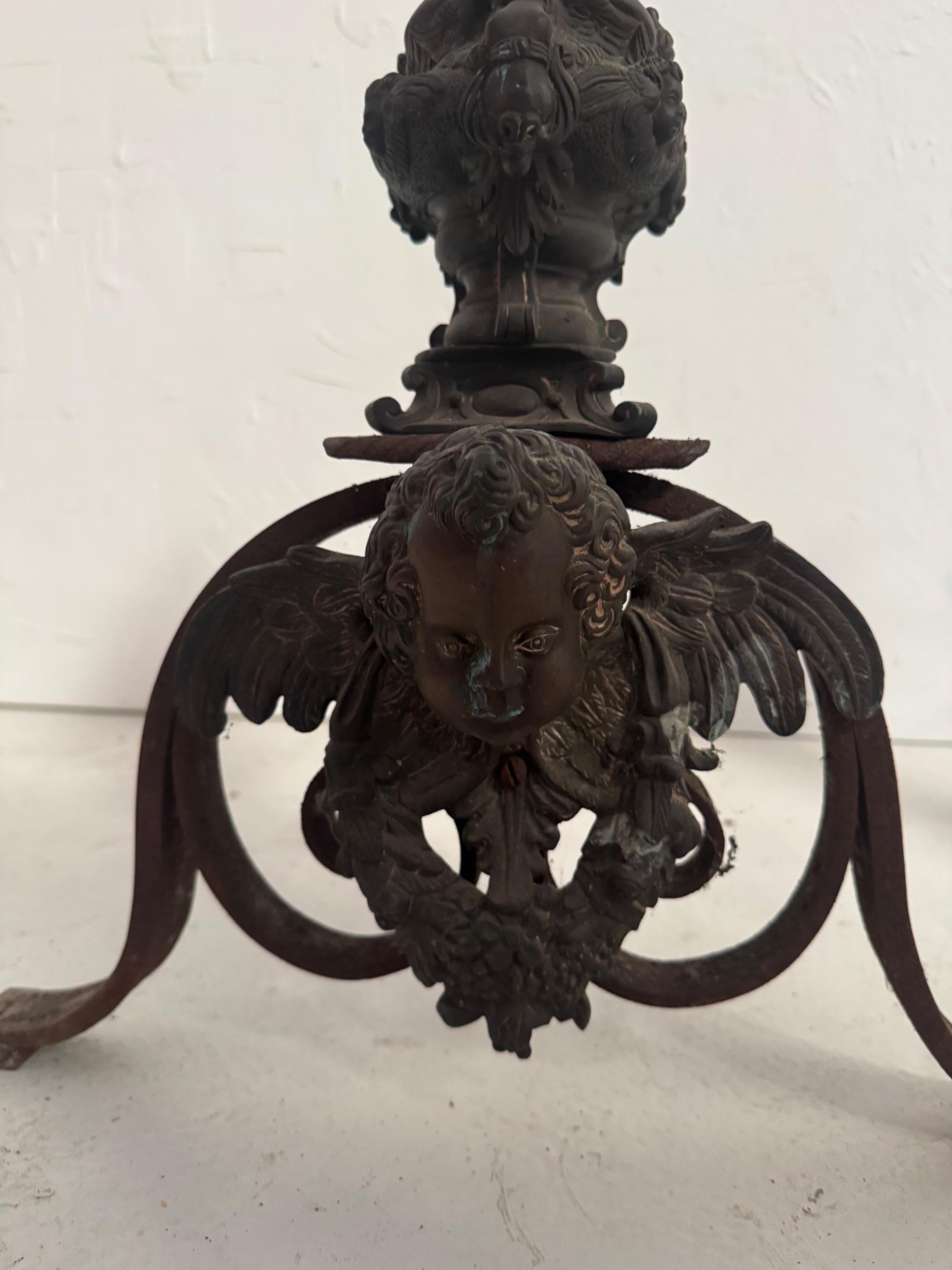 Impressive 19th century French Firedogs From a Castle of East of France. In wrought Iron & Bronze  Dim Each = H 62 x 50 x 62 cm