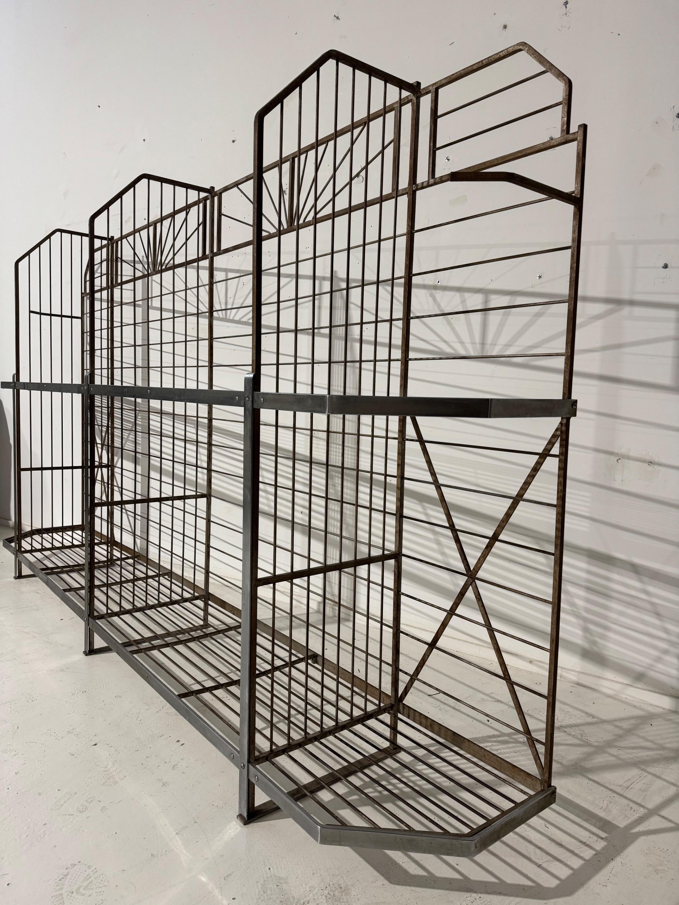 Impressive French Art Deco Bakery Shelve In Painted Iron & Nickelled Brass Superb Original Condition and Vey Nice Design   Dim = 300 x 46 x 165 cm