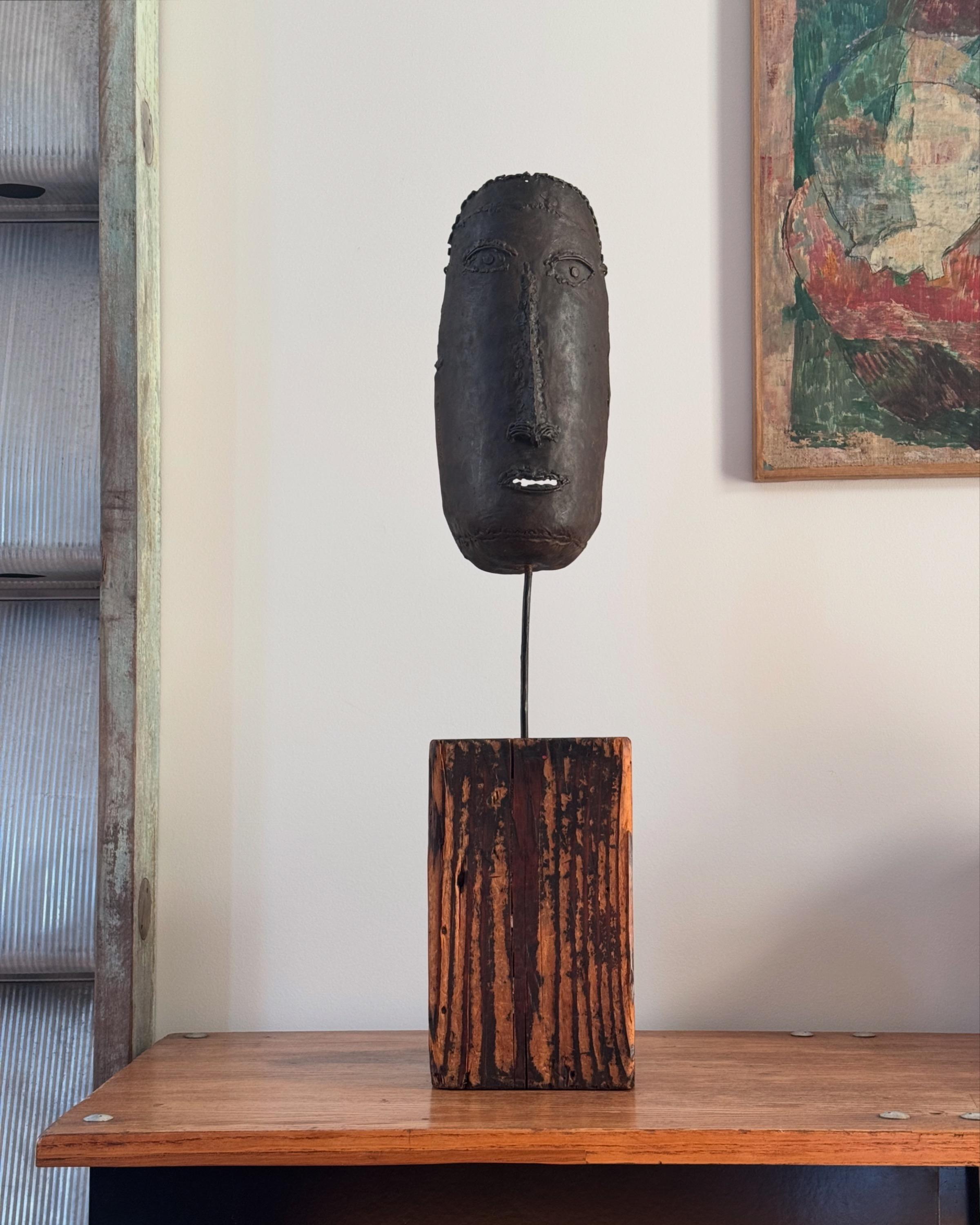 Master Piece…  « Le Masque » The  First Iron Sculpture of Philippe Hiquily From Private Collection, Documented,signed . Welded Sheet Iron & Wooden Base  