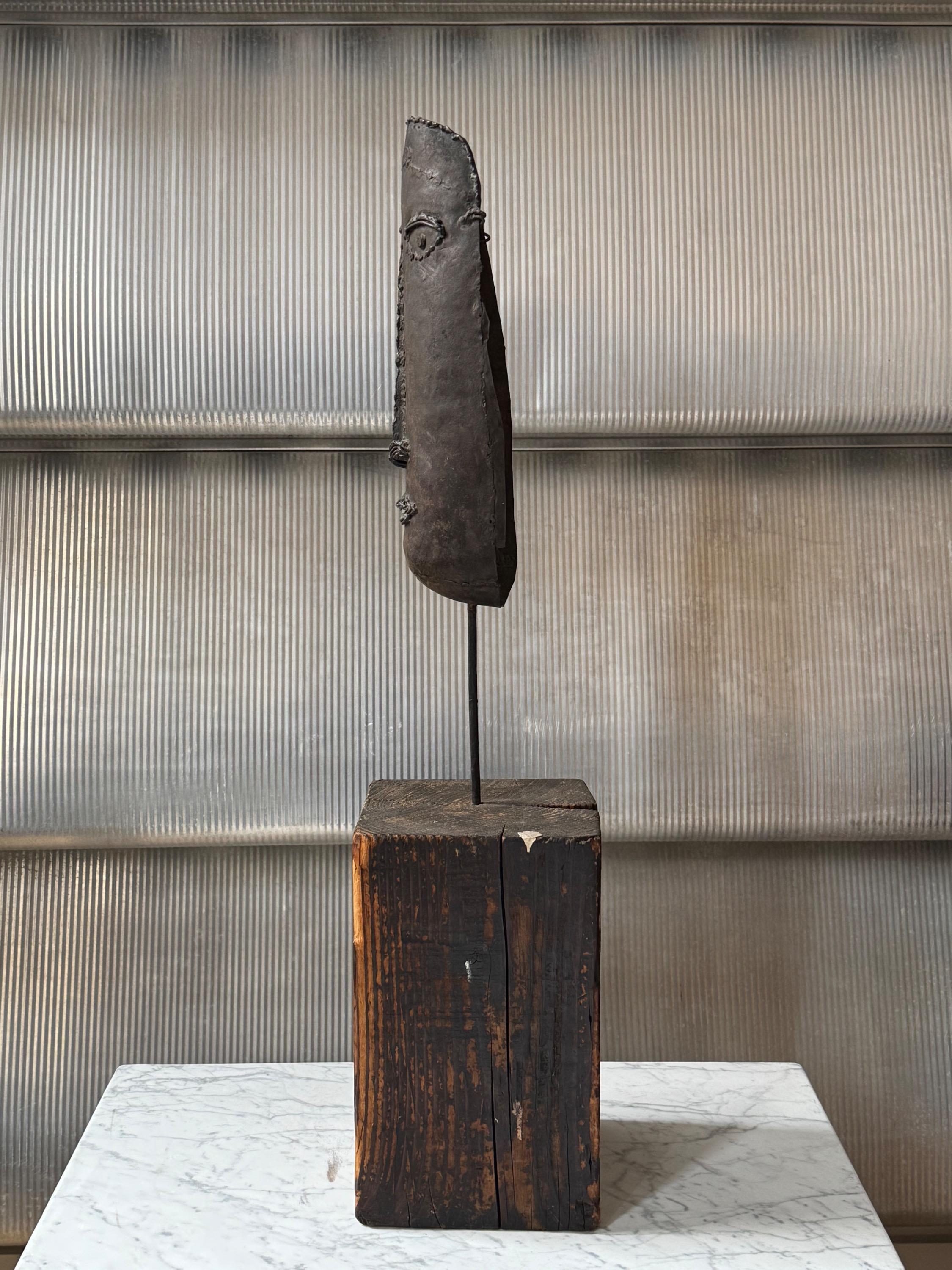 Master Piece…  « Le Masque » The  First Iron Sculpture of Philippe Hiquily From Private Collection, Documented,signed . Welded Sheet Iron & Wooden Base  Dim = 71 x 16 x 16 cm Dim Mask = 31 x 14 x 7 cm