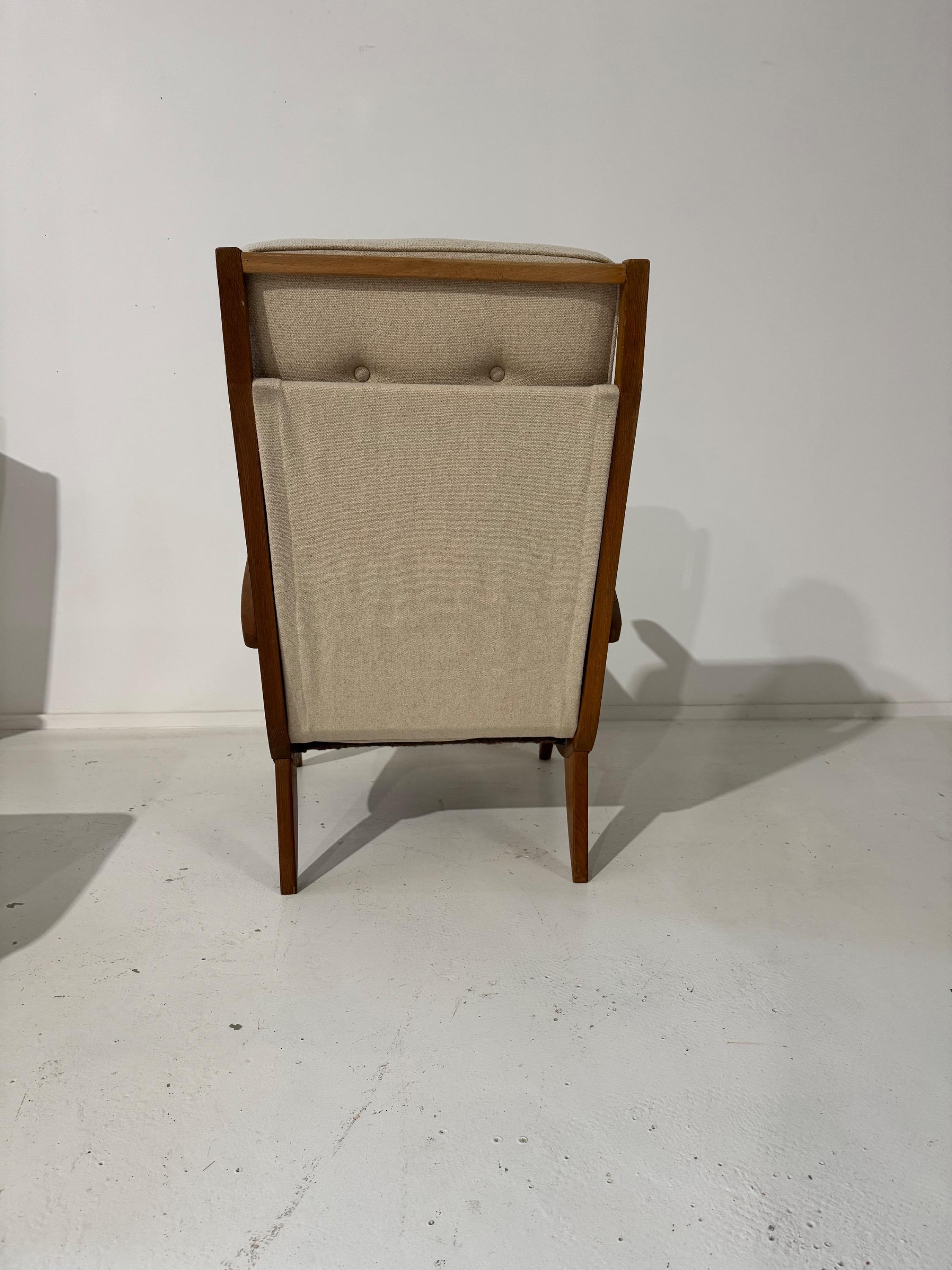 Pair of French Armchairs & Footstool by Guy Besnard FS134 édition Free-Span Circa 1950,covered in Natural Linen.