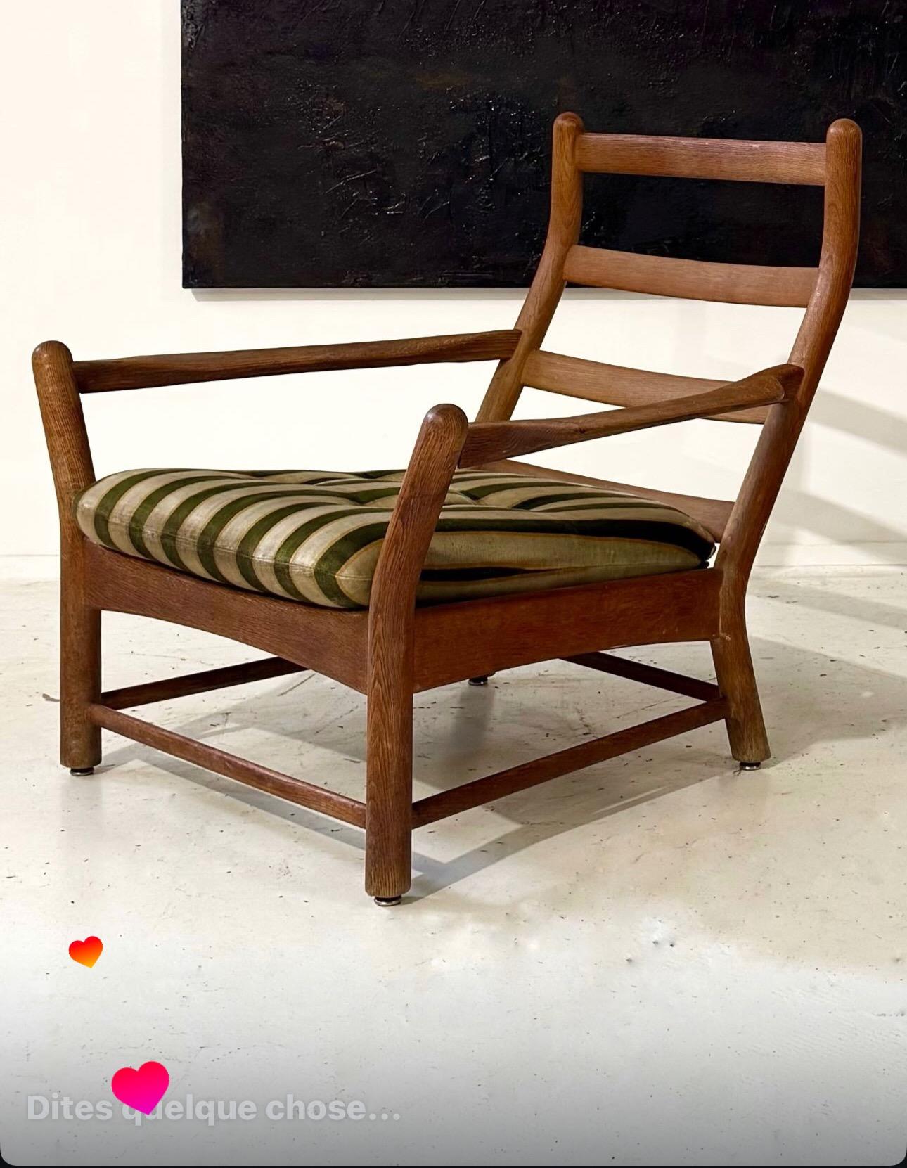 Perfect Design and Shape for This Rare Pair of Big French Guillerme & Chambron Armchairs in Solid Oak Wood, Perfect Original Vintage condition Circa 1960.