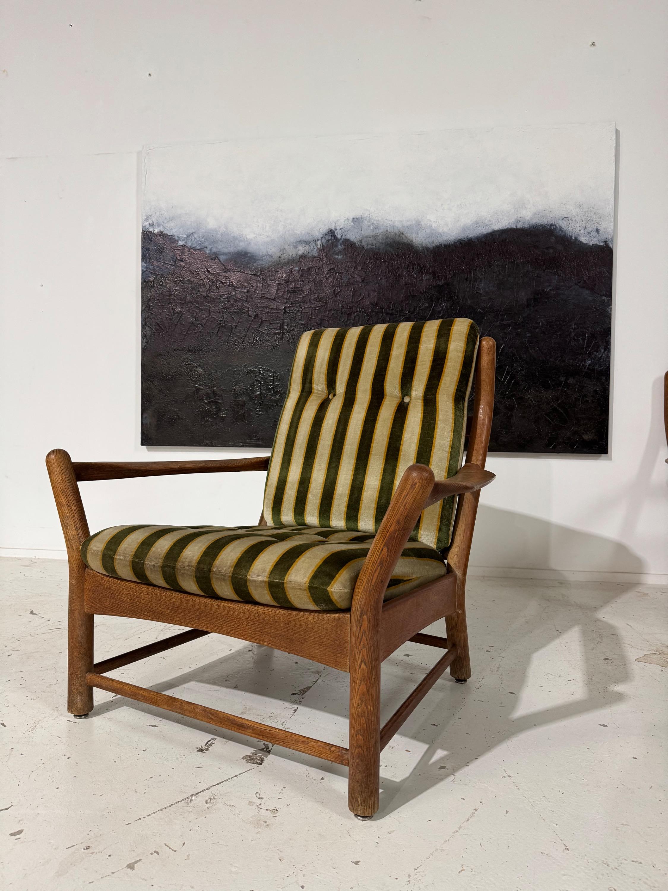Perfect Design and Shape for This Rare Pair of Big French Guillerme & Chambron Armchairs in Solid Oak Wood, Perfect Original Vintage condition Circa 1960.