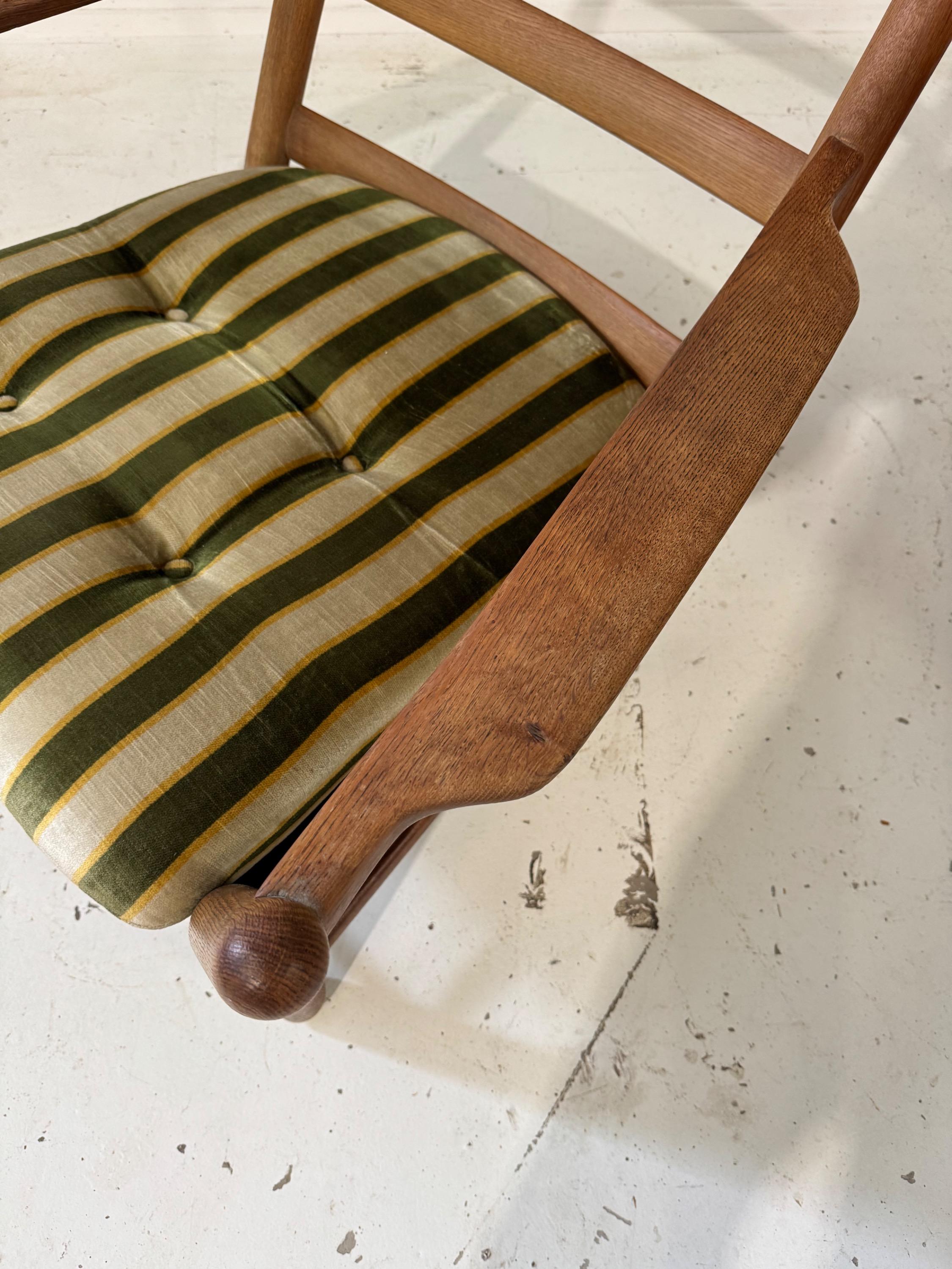 Perfect Design and Shape for This Rare Pair of Big French Guillerme & Chambron Armchairs in Solid Oak Wood, Perfect Original Vintage condition Circa 1960.