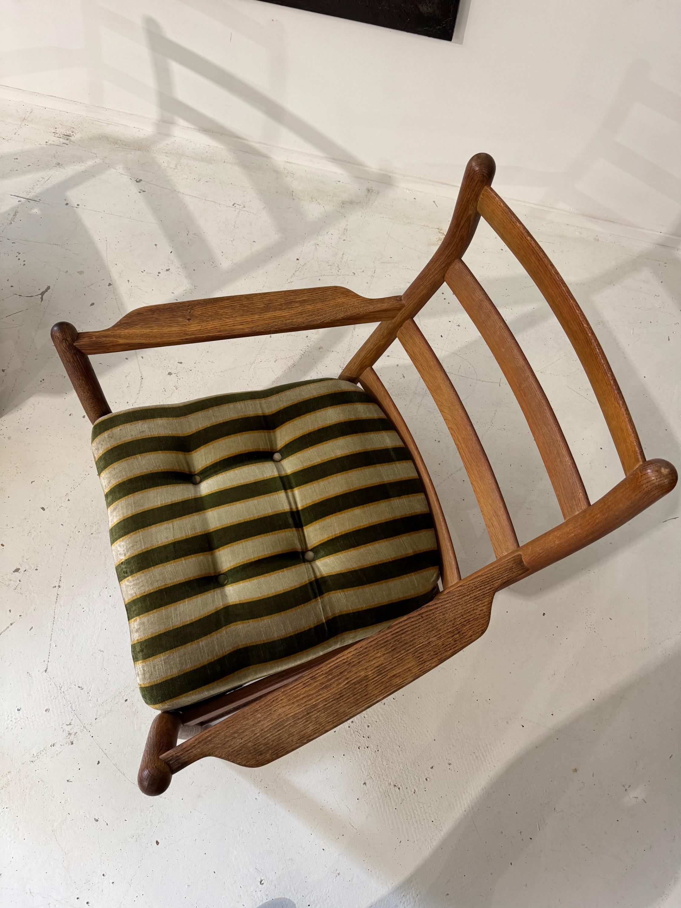 Perfect Design and Shape for This Rare Pair of Big French Guillerme & Chambron Armchairs in Solid Oak Wood, Perfect Original Vintage condition Circa 1960.