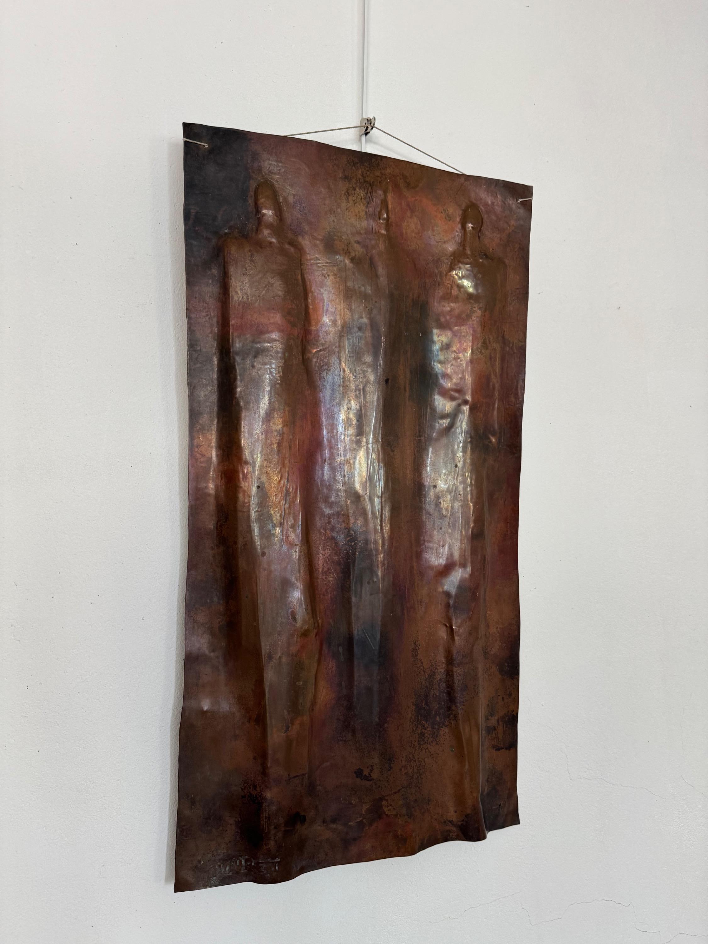 Rare Copper Wall Sculpture by Jean Touret  Circa 1970/80 3 Hieratic Characters  Dim = 82 x 44 cm