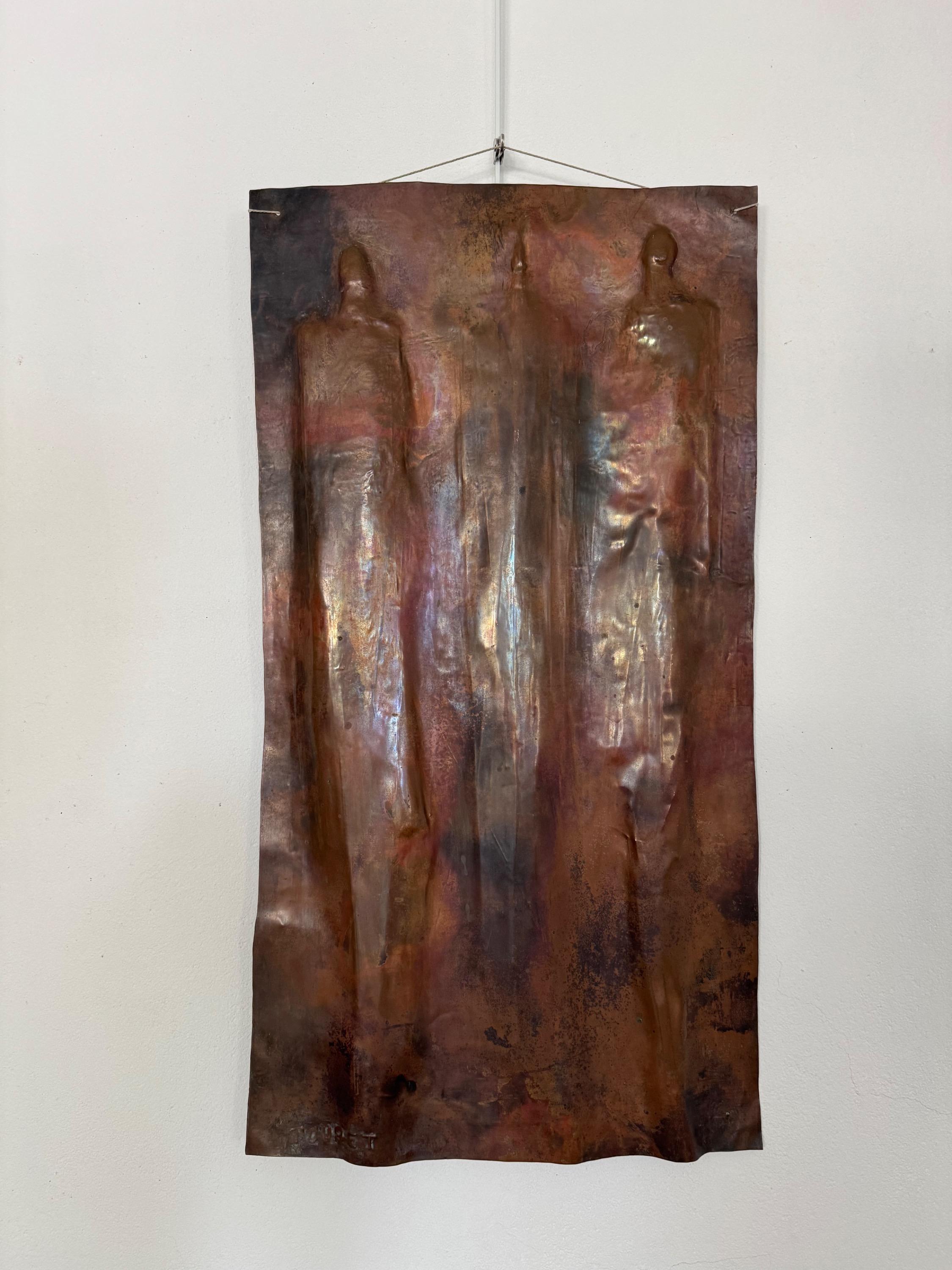 Rare Copper Wall Sculpture by Jean Touret  Circa 1970/80 3 Hieratic Characters  Dim = 82 x 44 cm