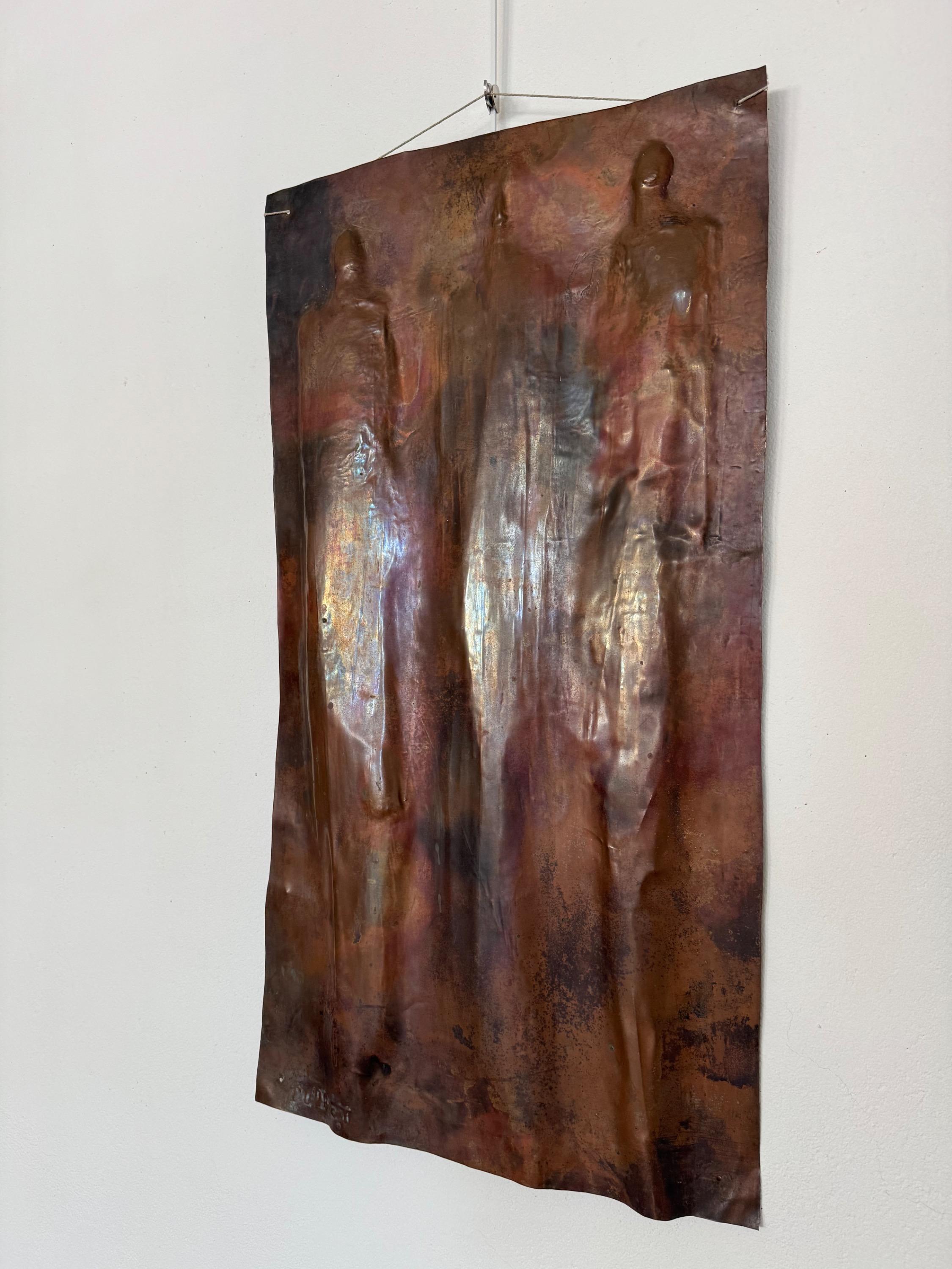 Rare Copper Wall Sculpture by Jean Touret  Circa 1970/80 3 Hieratic Characters  Dim = 82 x 44 cm