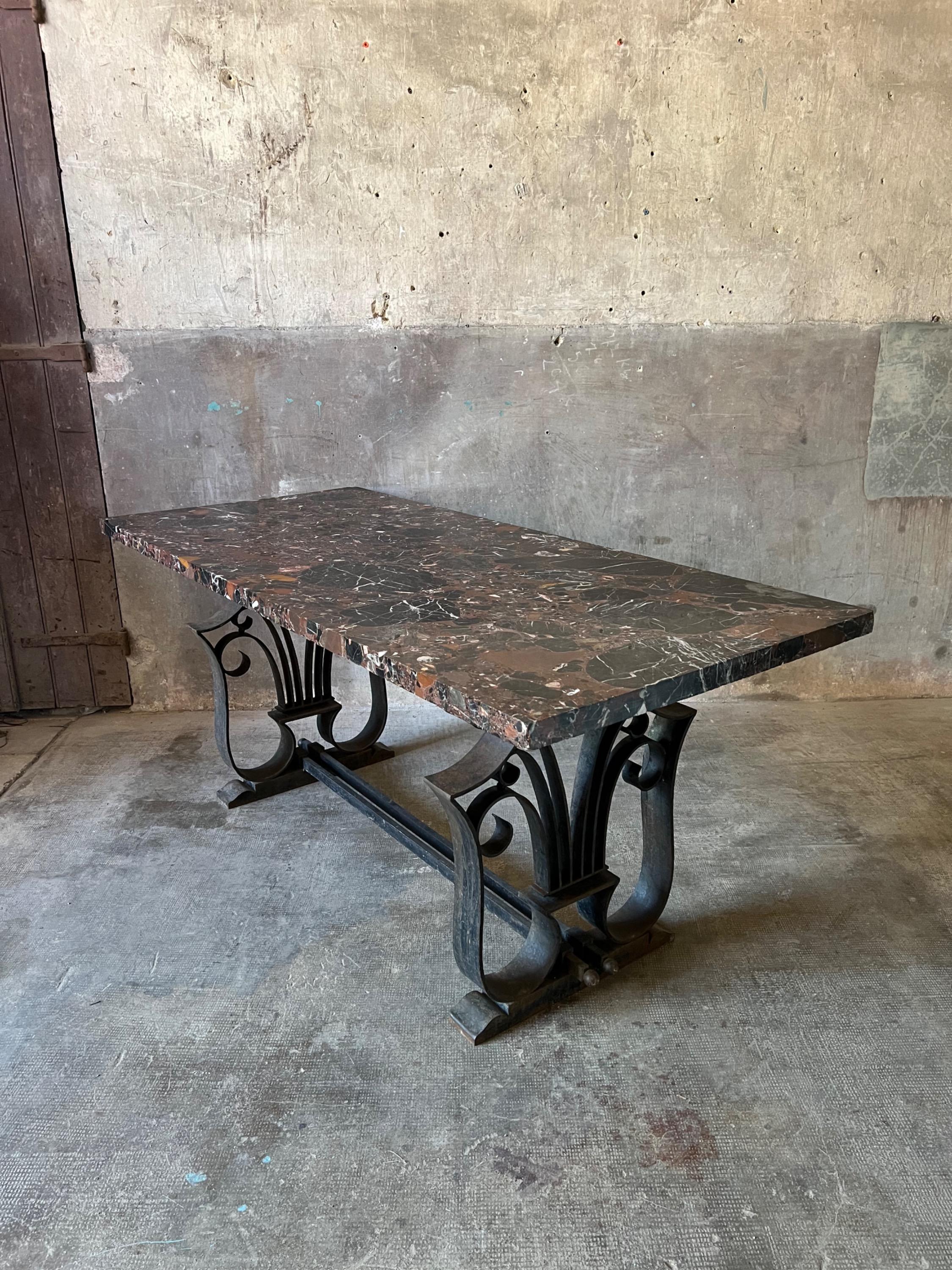 Rare Raymond Subes Big Entry Table, Beautiful Wrought Iron Work & Marble Plate Circa 1930’s. Dim = 170,5 x 75 x 73 cm