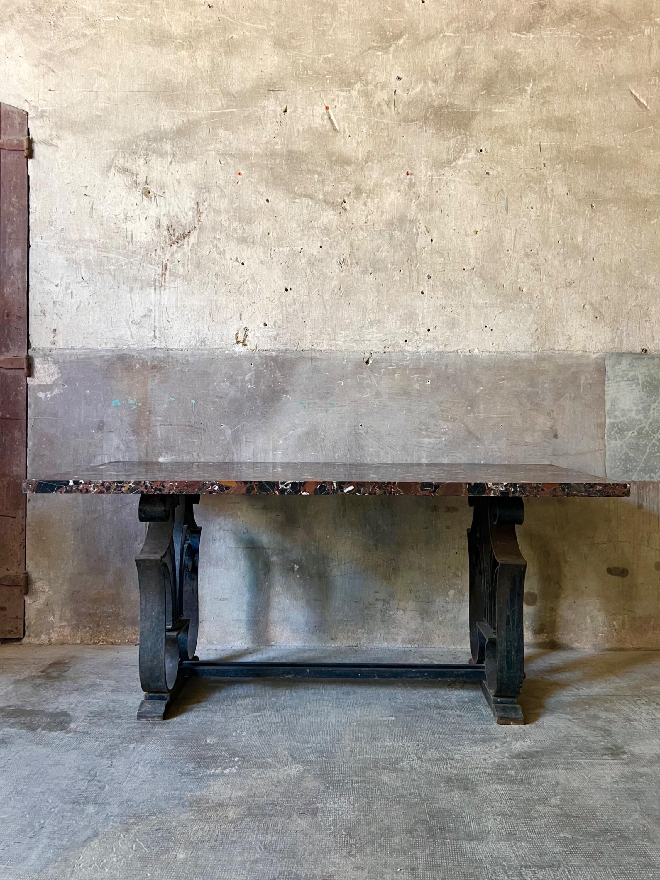 Rare Raymond Subes Big Entry Table, Beautiful Wrought Iron Work & Marble Plate Circa 1930’s. Dim = 170,5 x 75 x 73 cm