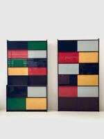 Two Big 1960’s Furnitures from the French Administration, Laquered Glass Sliding Doors.  Dim = H 222 x 125,5 x 30 cm Dim = H 222 x 125,5 x 38/25 cm